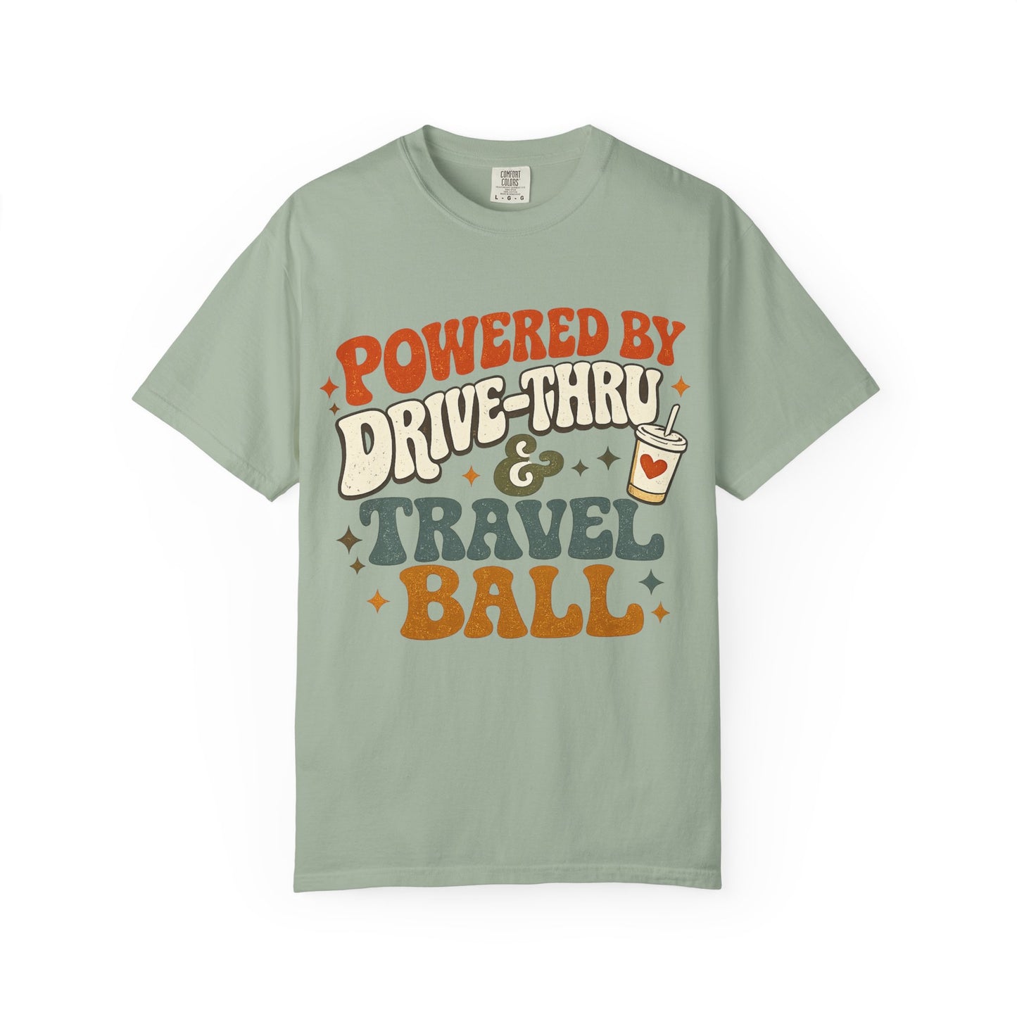 Travel & Snack Lover T‑Shirt — "Powered by Drive‑Thru & Travel Ball" Retro Tee