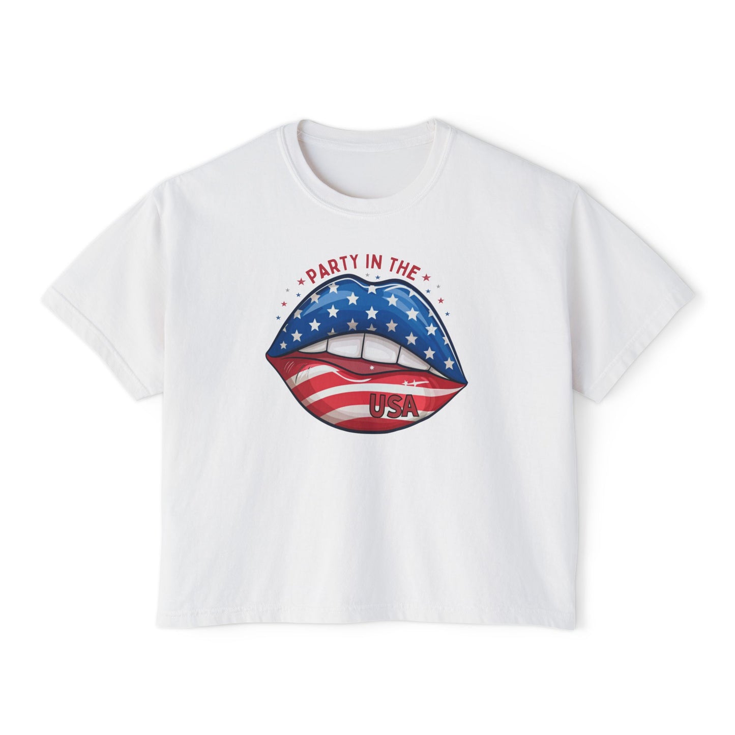 Patriotic Flag Lips Boxy Tee — "Party in the USA" 4th of July Shirt