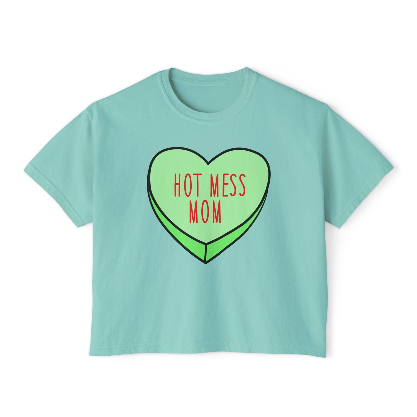 Hot Mess Mom Boxy Tee — Funny Mom T‑Shirt, Retro Candy Heart Design