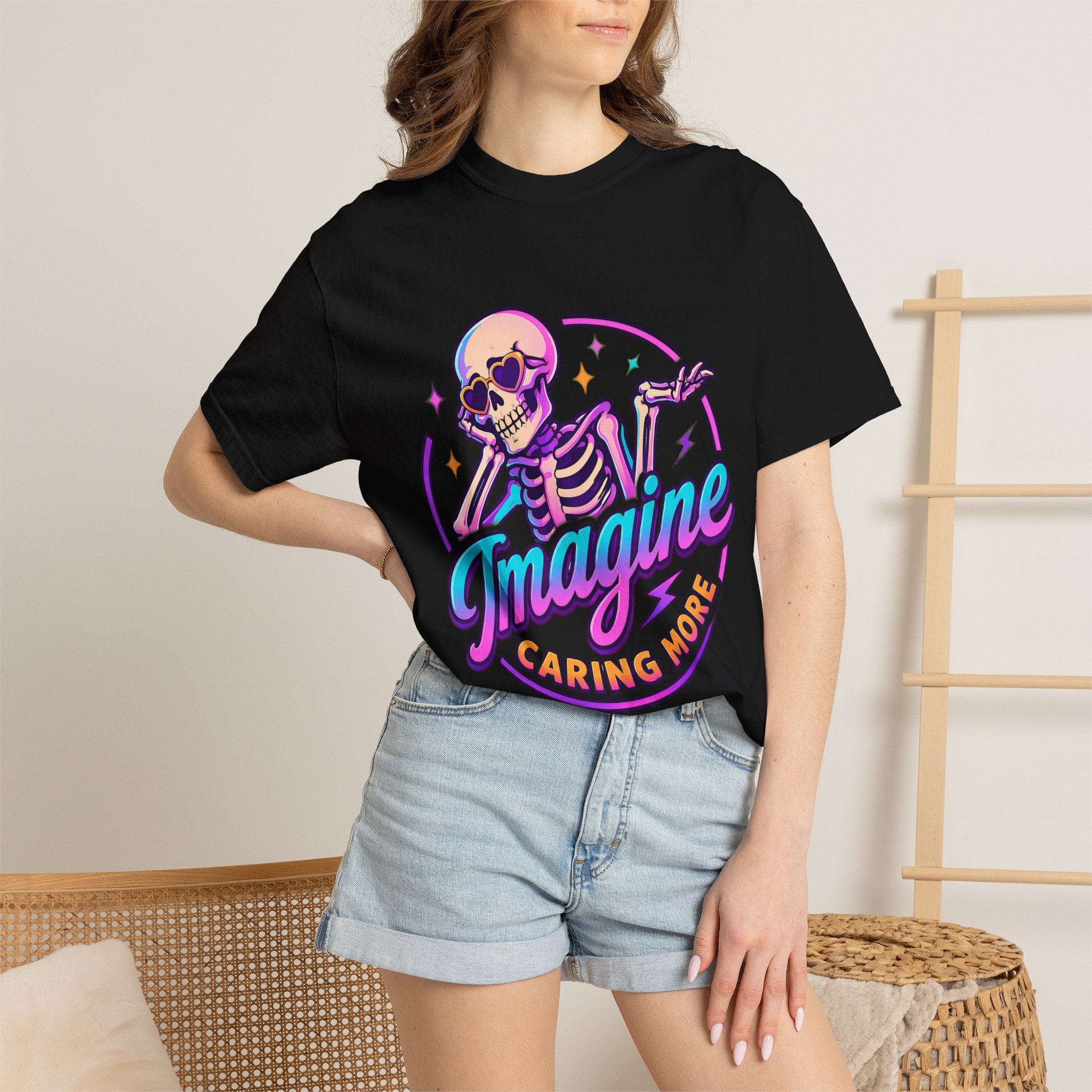 Imagine Caring More T-Shirt — Retro Neon Skeleton Graphic Tee
