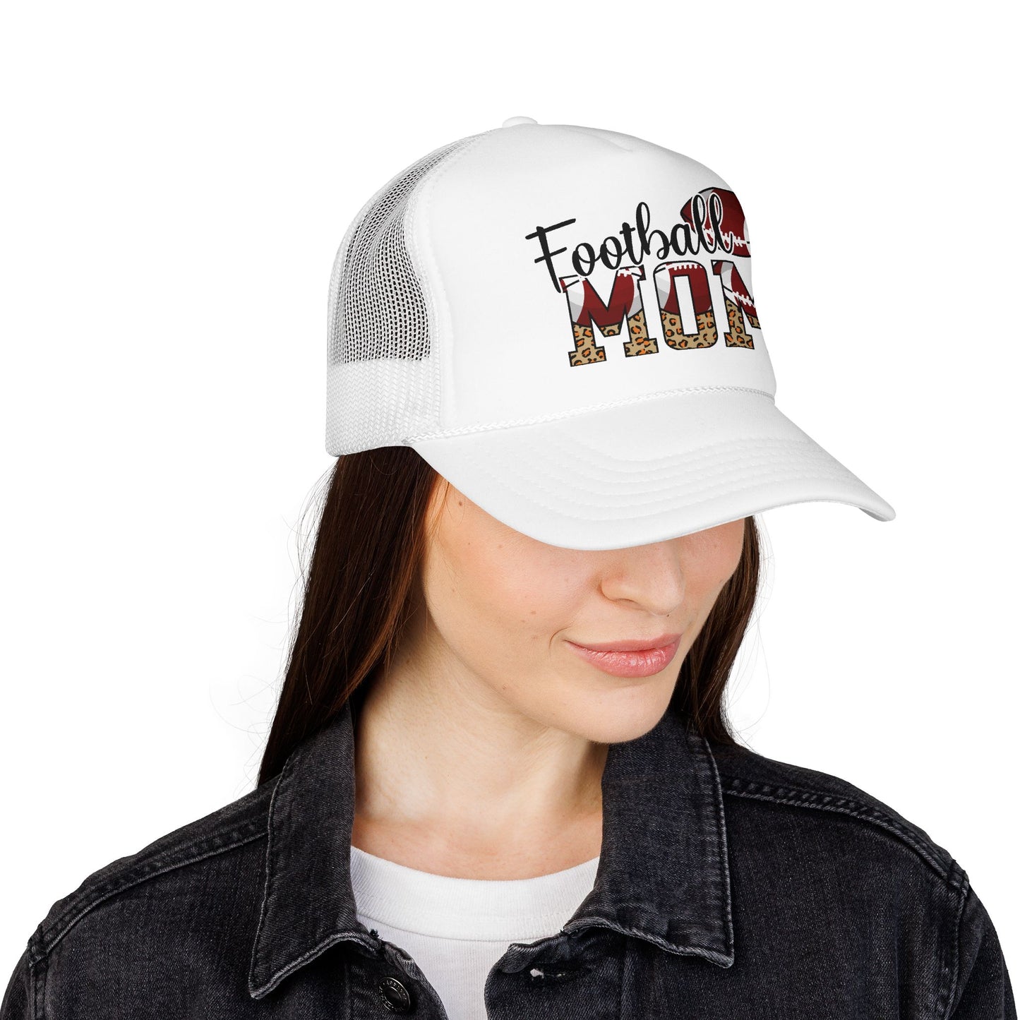 Football Mom Trucker Hat — Leopard Print Graphic Foam Cap for Game Day