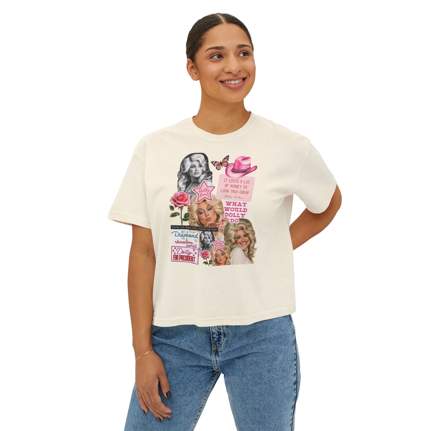 Dolly Collage Boxy Tee — Retro Cowgirl Pop Art Women’s T-Shirt
