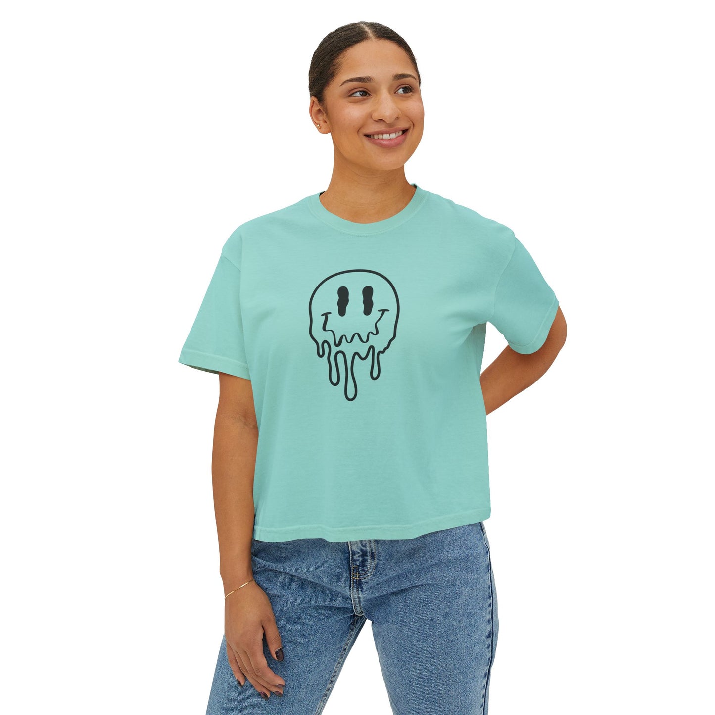 Drippy Smiley Boxy Tee — Women's Graphic Crop T‑Shirt
