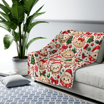 Cute Christmas Dumpling Sherpa Fleece Blanket — Holiday Dim Sum Pattern