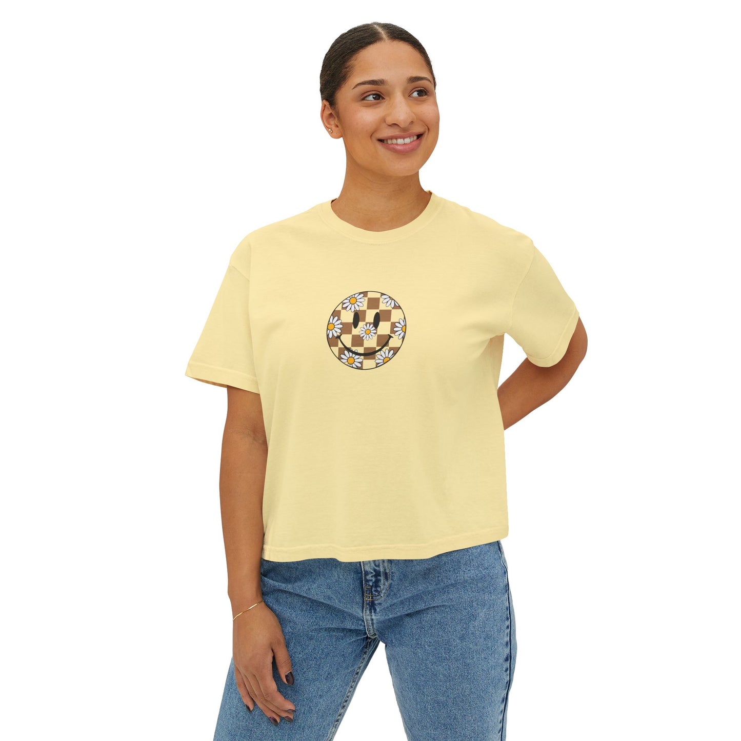 Floral Checkerboard Crop Tee — Women's Boxy Graphic Shirt