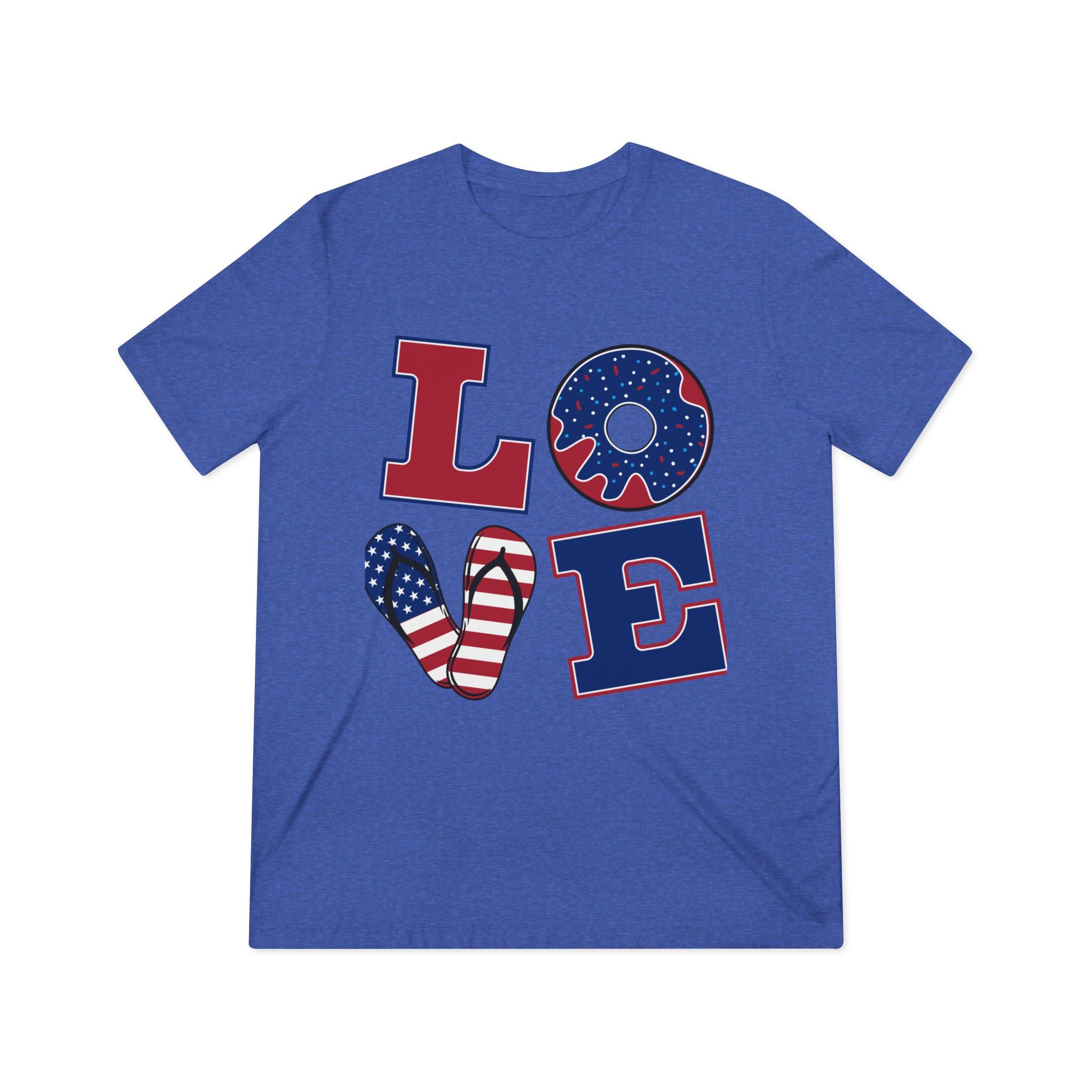 Patriotic LOVE T-Shirt — American Flag Donut & Flip-Flop Graphic Tee