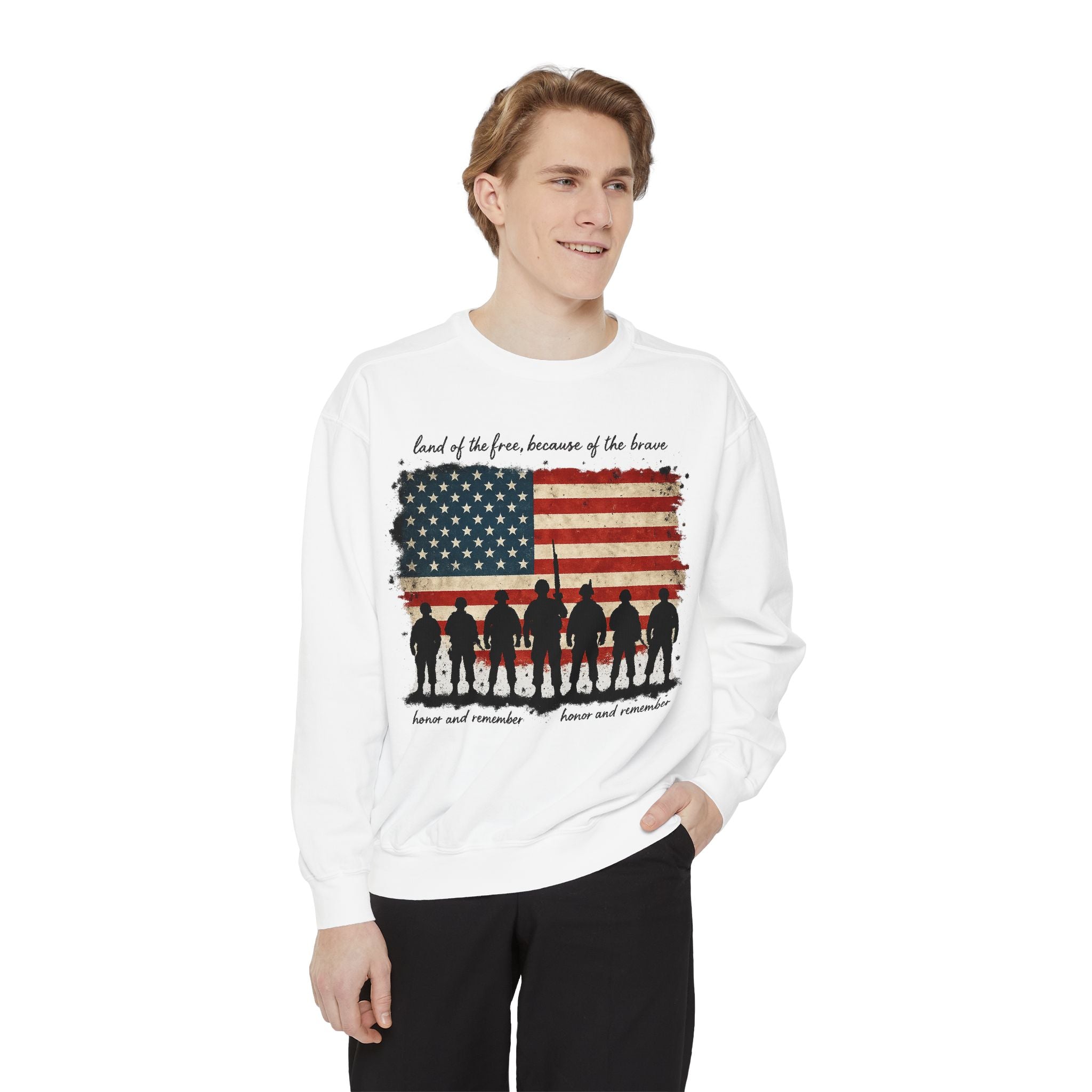 Veterans Tribute Sweatshirt — "Land of the Free, Because of the Brave" American Flag Memorial