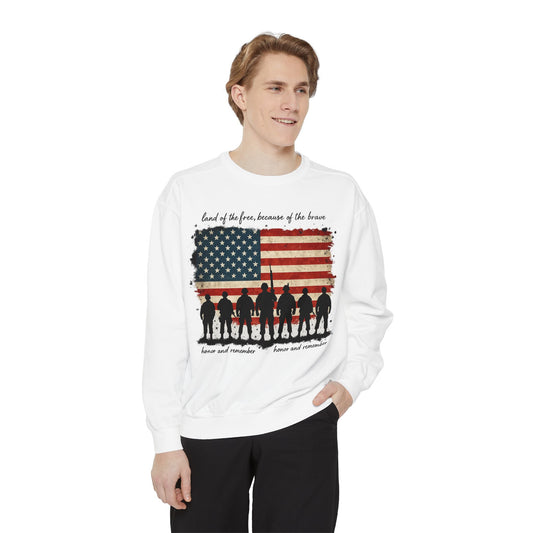 Veterans Tribute Sweatshirt — "Land of the Free, Because of the Brave" American Flag Memorial