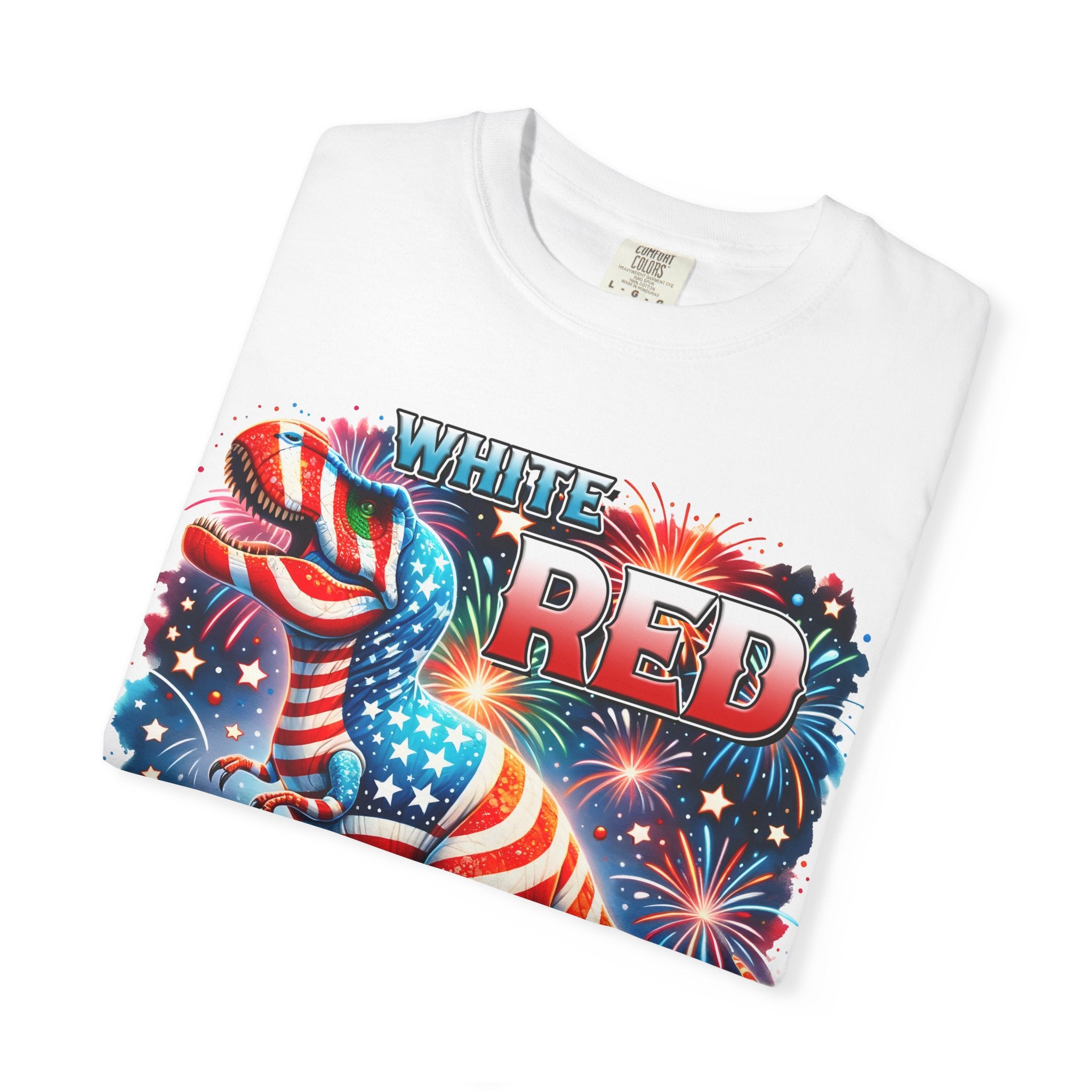 T-Shirt — "White, Red & Raws" Patriotic USA Dinosaur Fireworks Tee