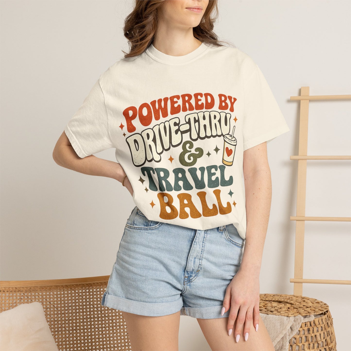 Travel & Snack Lover T‑Shirt — "Powered by Drive‑Thru & Travel Ball" Retro Tee
