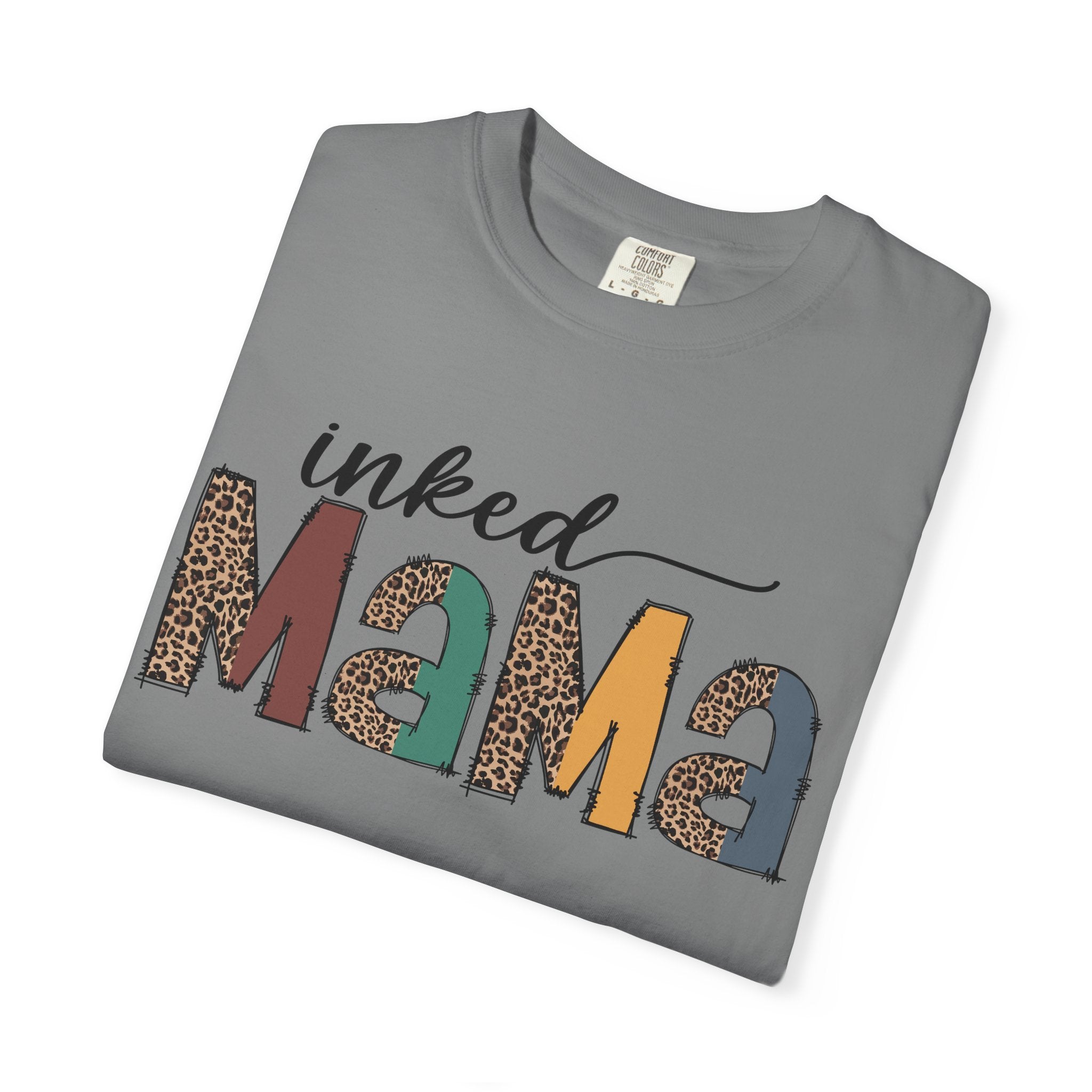 Inked Mama Graphic T-Shirt — Leopard & Patchwork Letters, Tattoo Mom Gift