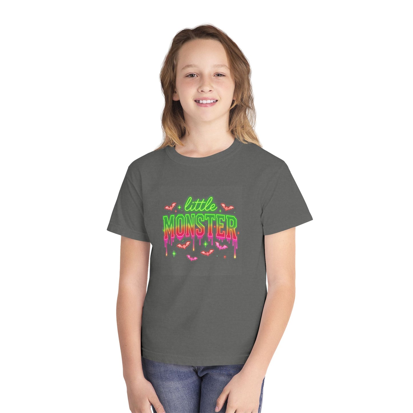 Little Monster Kids T-Shirt — Neon Halloween Cute Bat Graphic Tee