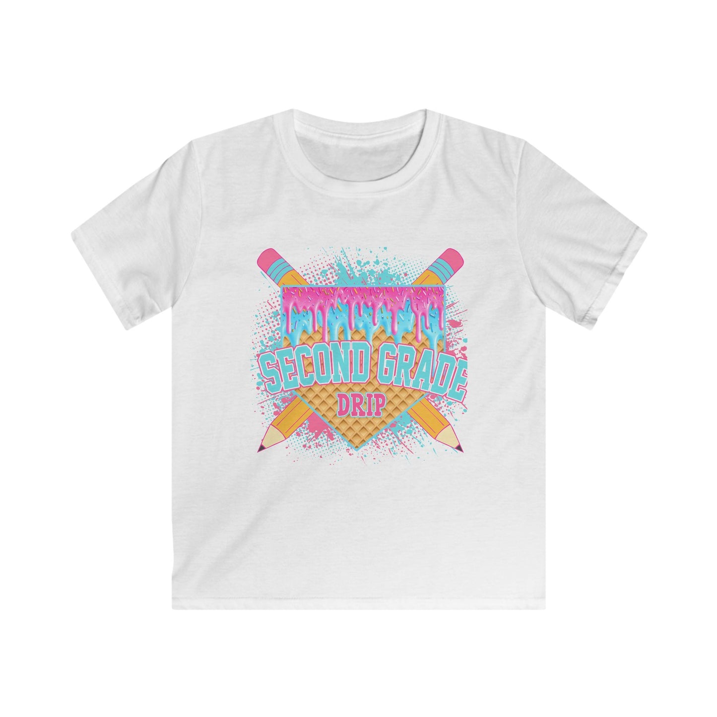 Second Grade Drip Kids T‑Shirt — Colorful Pencil Back‑to‑School Tee