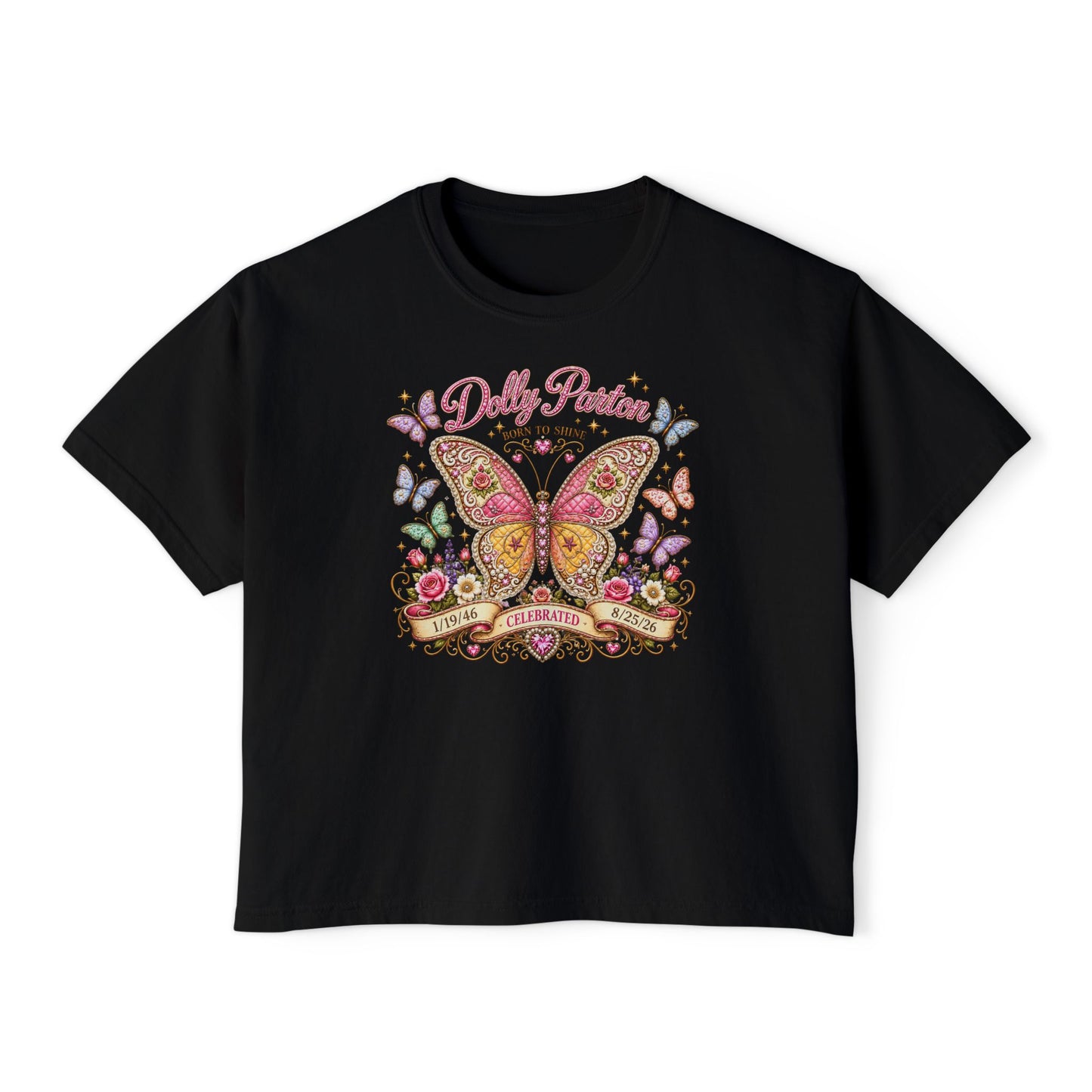 Butterfly Garden Women's Boxy Tee — 'Dolly Parton' Floral Tribute Shirt
