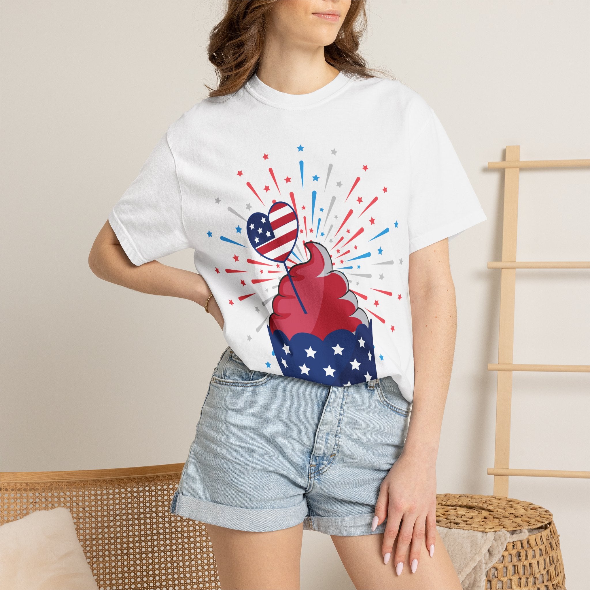 4th of July Patriotic Cupcake T-Shirt — USA Flag Firework Bakery Graphic Tee