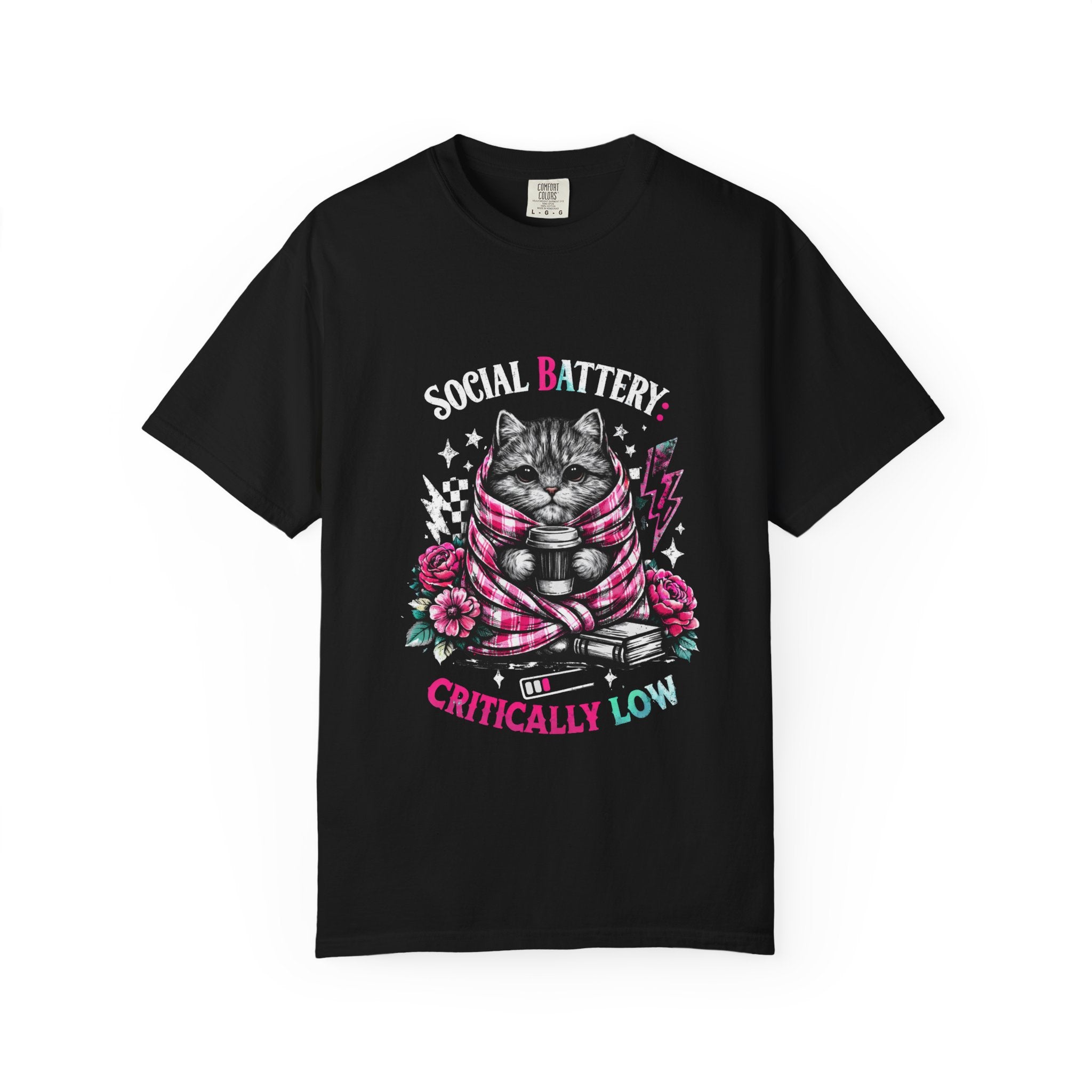Social Battery Critically Low T-Shirt — Introvert Cat Graphic Tee