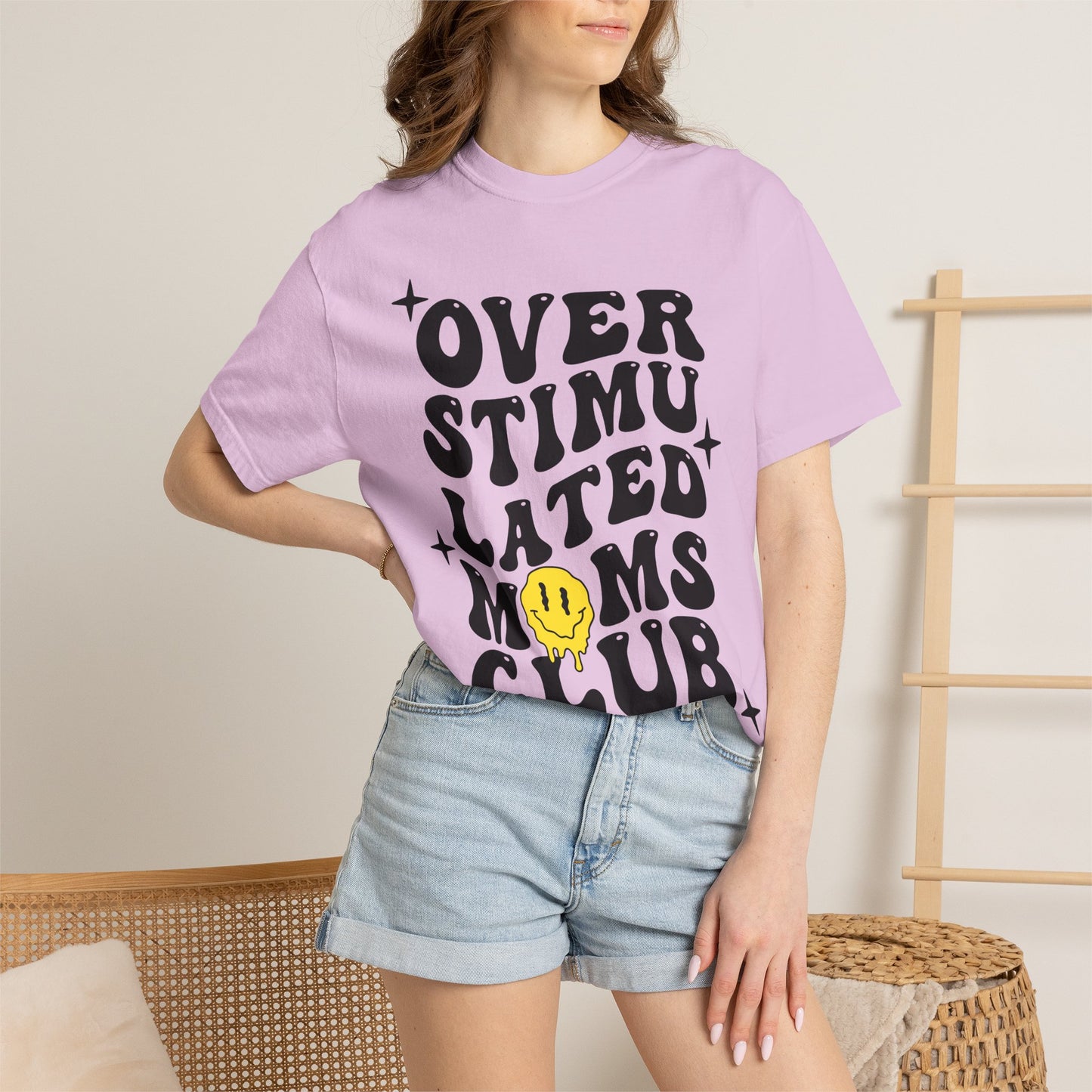 Overstimulated Moms Club T-Shirt — Retro Smile Graphic Tee for Busy Moms