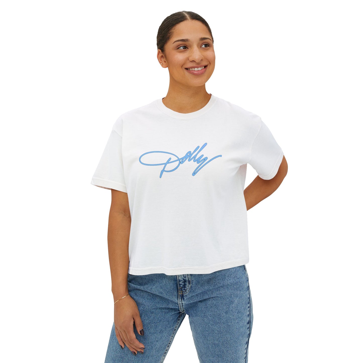 Dolly Script Boxy Tee — Casual Signature Crop T‑Shirt