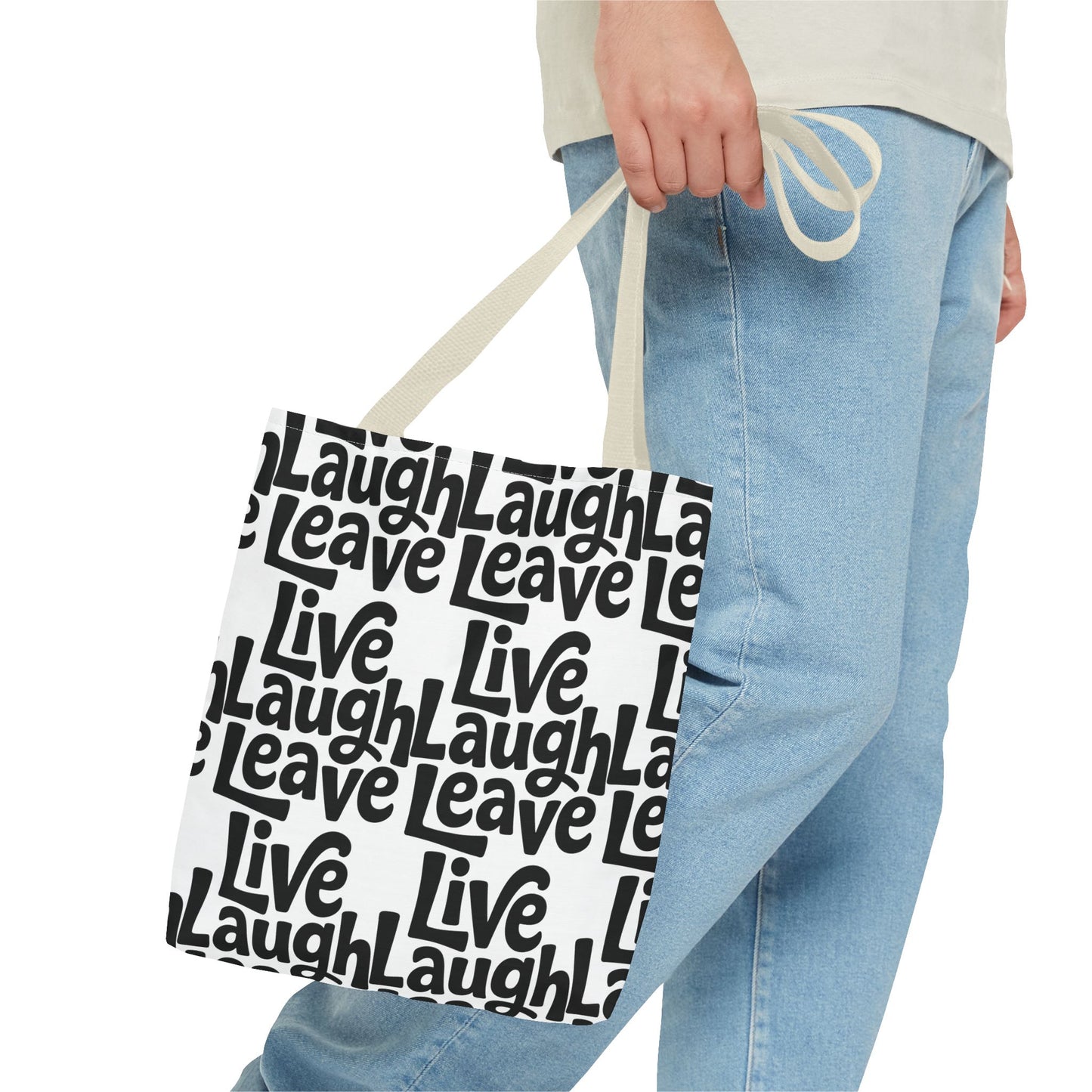 Live Laugh Leave Pattern Tote Bag – Black & White Motivational All-Over Print