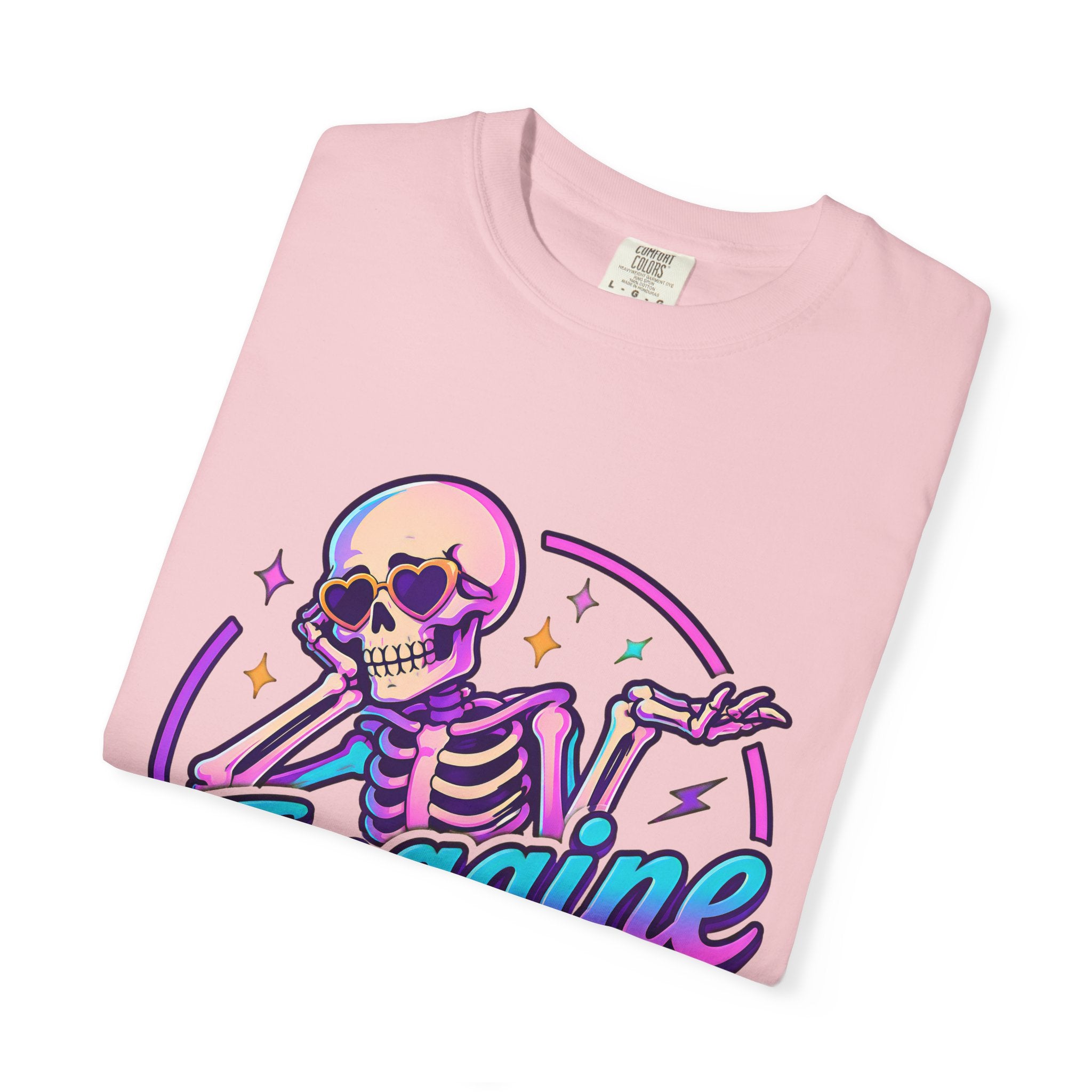 Imagine Caring More T-Shirt — Retro Neon Skeleton Graphic Tee