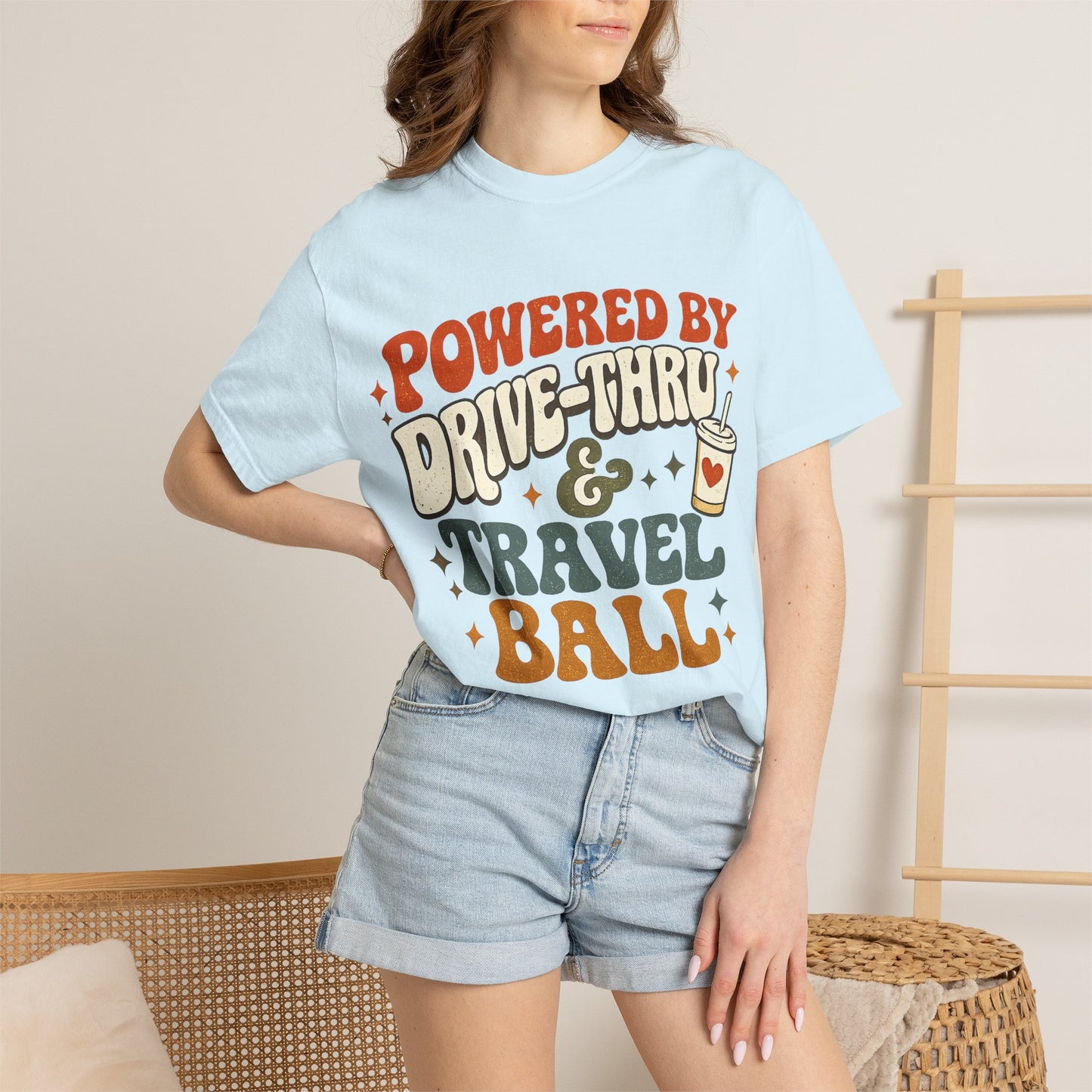 Travel & Snack Lover T‑Shirt — "Powered by Drive‑Thru & Travel Ball" Retro Tee