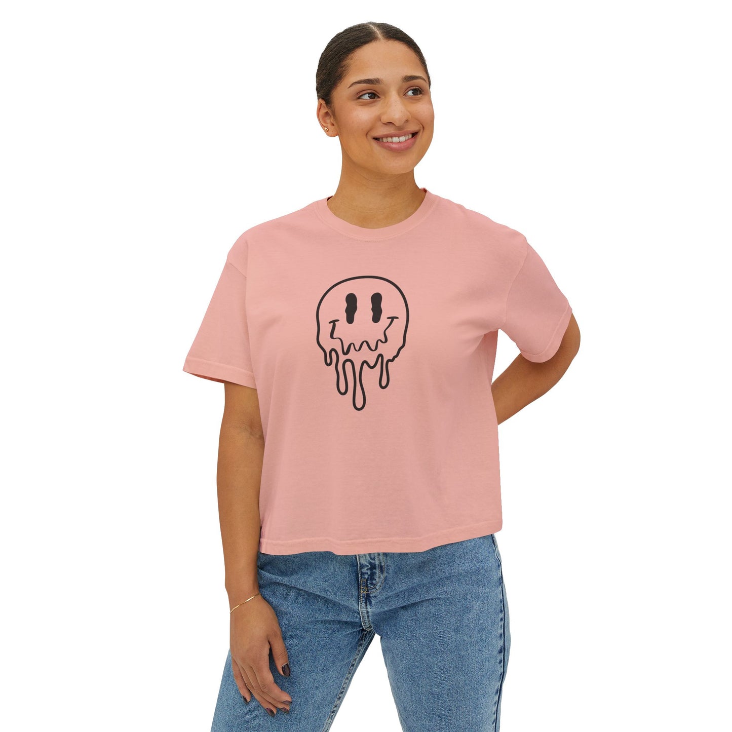 Drippy Smiley Boxy Tee — Women's Graphic Crop T‑Shirt
