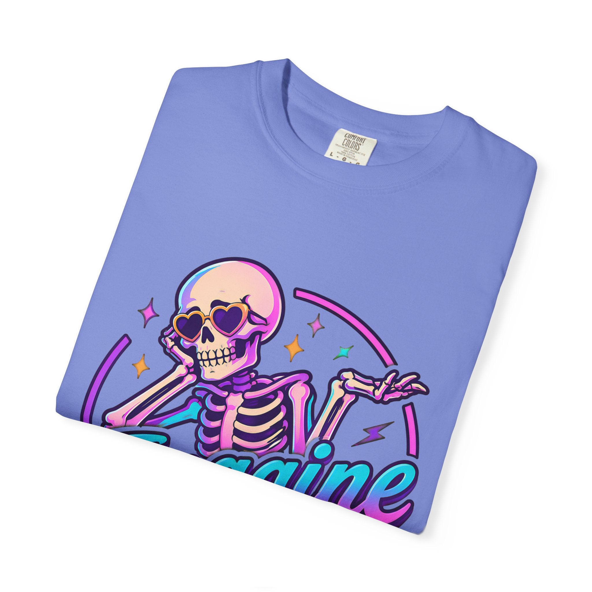 Imagine Caring More T-Shirt — Retro Neon Skeleton Graphic Tee
