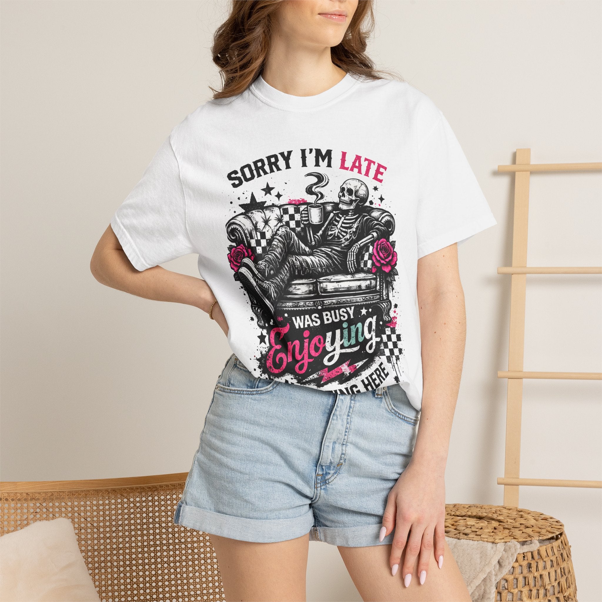 Skeleton "Sorry I’m Late" T-Shirt — Relaxed Skull Graphic Tee