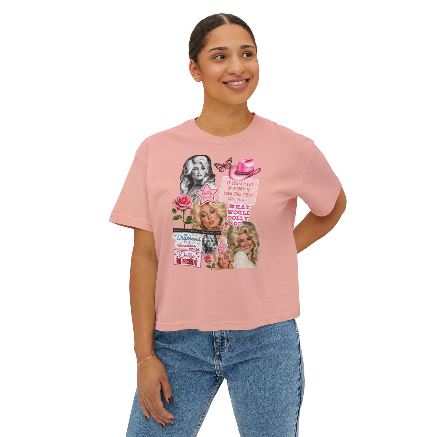 Dolly Collage Boxy Tee — Retro Cowgirl Pop Art Women’s T-Shirt