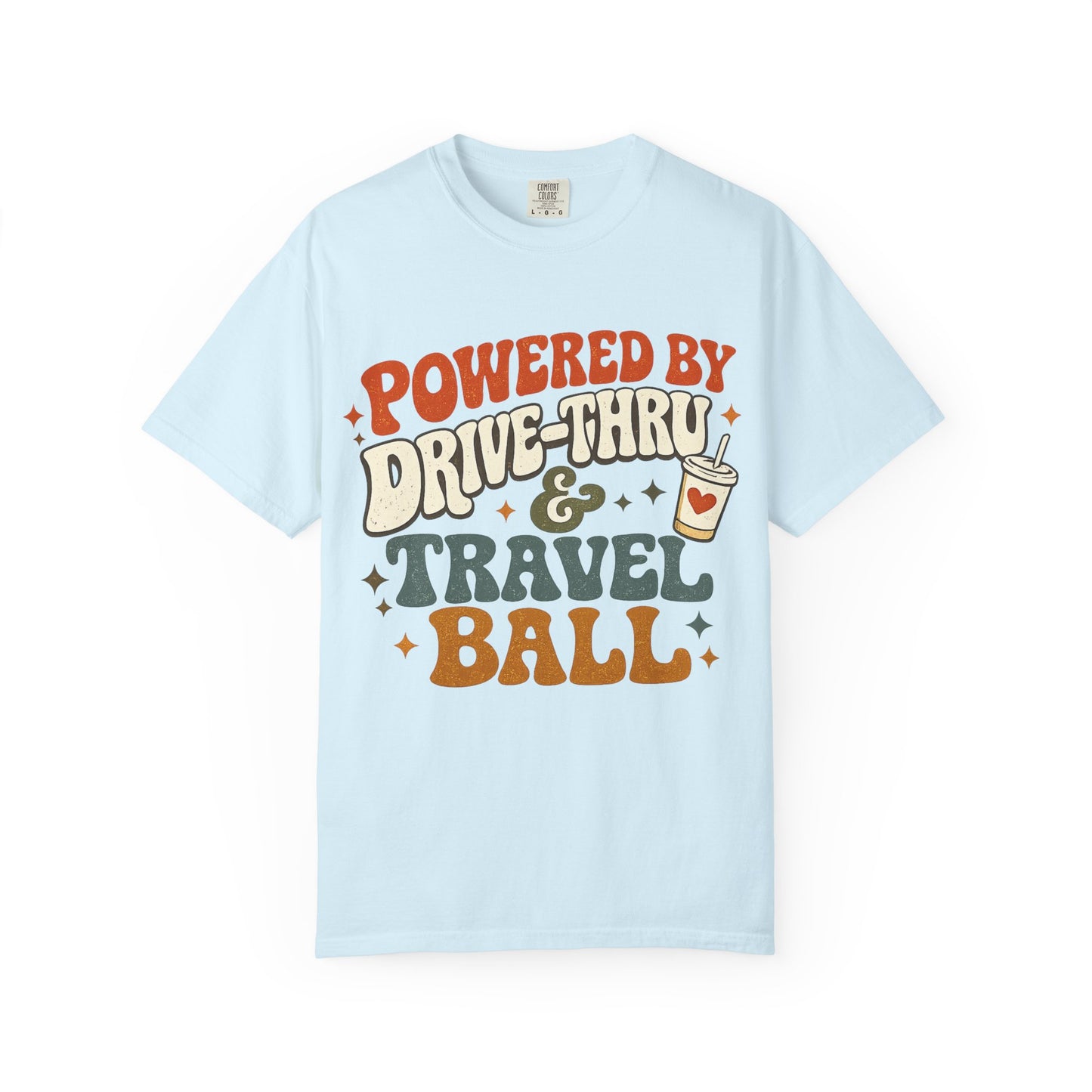 Travel & Snack Lover T‑Shirt — "Powered by Drive‑Thru & Travel Ball" Retro Tee