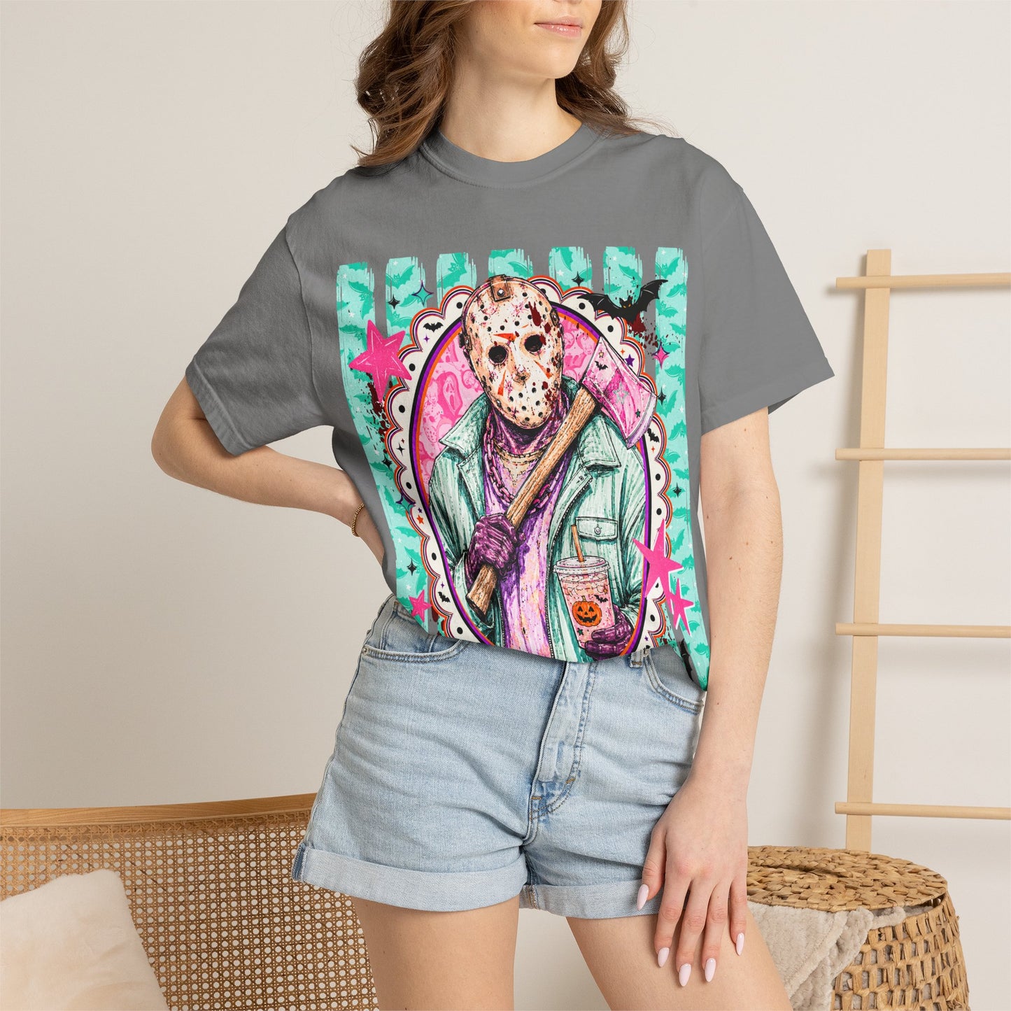 Hockey Mask Horror Graphic T-Shirt — Retro Pastel Jason Design
