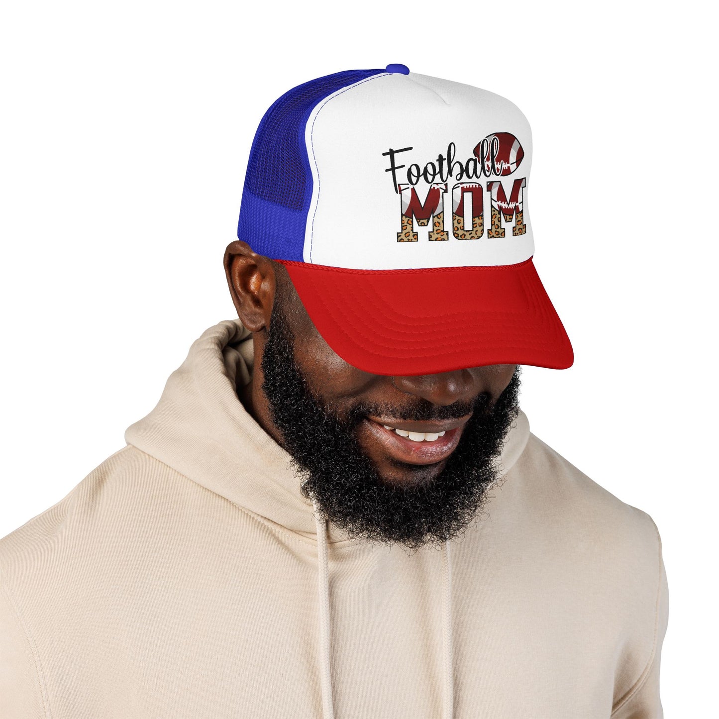 Football Mom Trucker Hat — Leopard Print Graphic Foam Cap for Game Day