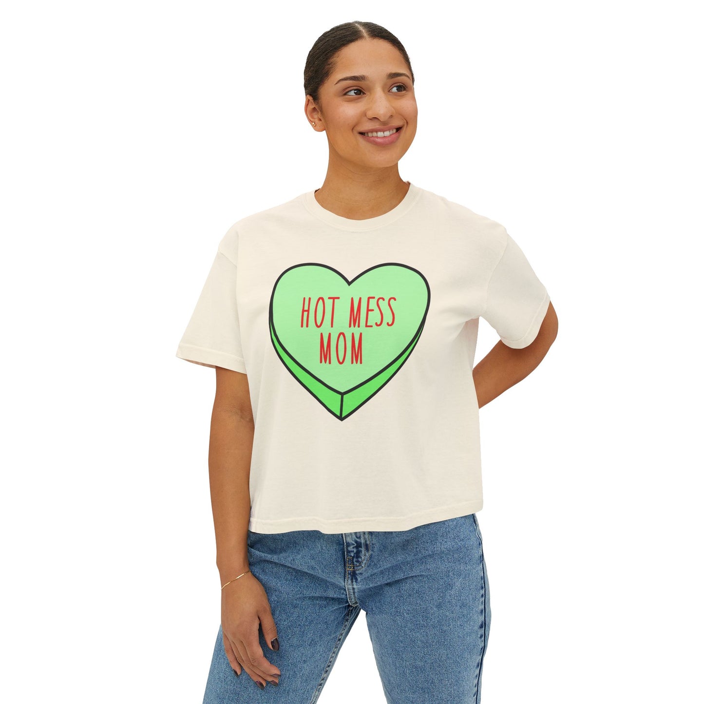 Hot Mess Mom Boxy Tee — Funny Mom T‑Shirt, Retro Candy Heart Design