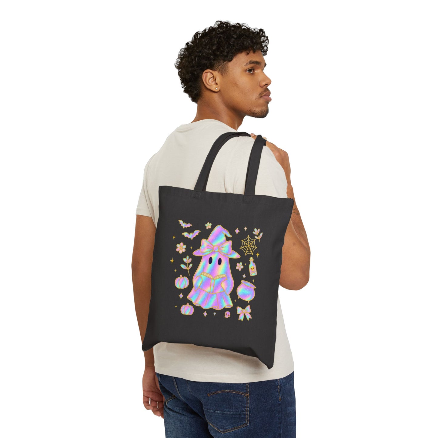 Holographic Cute Ghost Tote — Halloween Cotton Canvas Bag