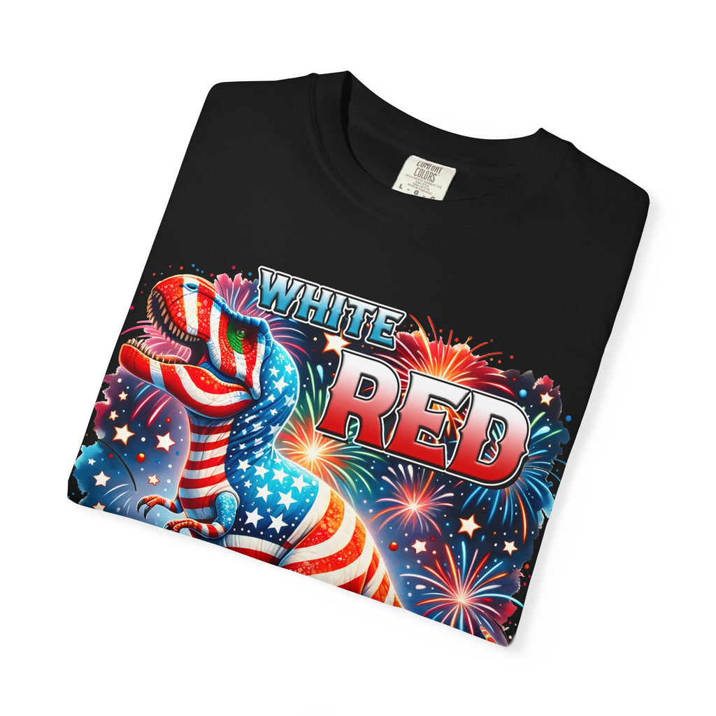 T-Shirt — "White, Red & Raws" Patriotic USA Dinosaur Fireworks Tee