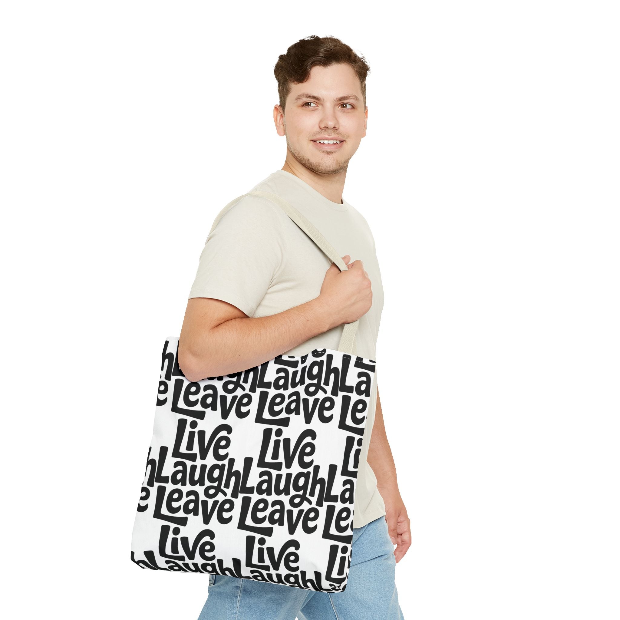 Live Laugh Leave Pattern Tote Bag – Black & White Motivational All-Over Print