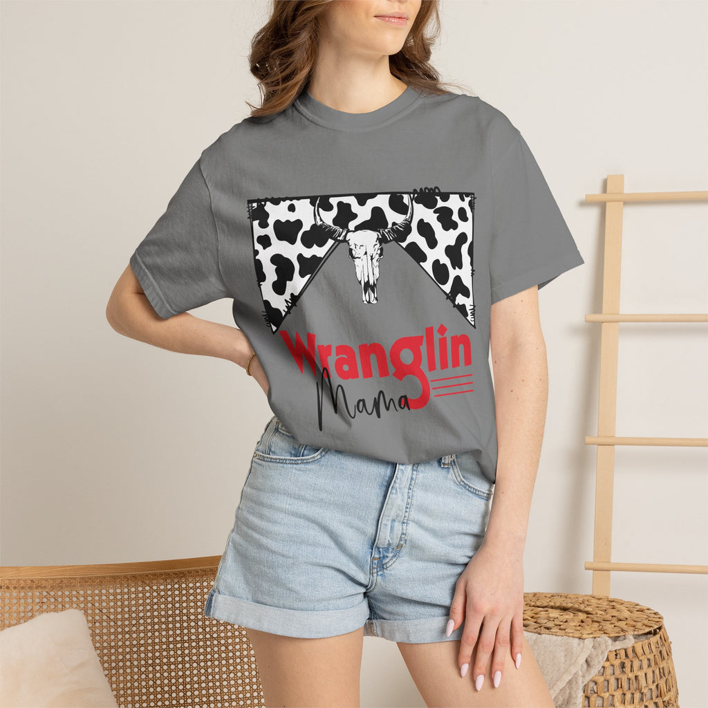 Wranglin Mama T‑Shirt — Cowprint Western Graphic Tee
