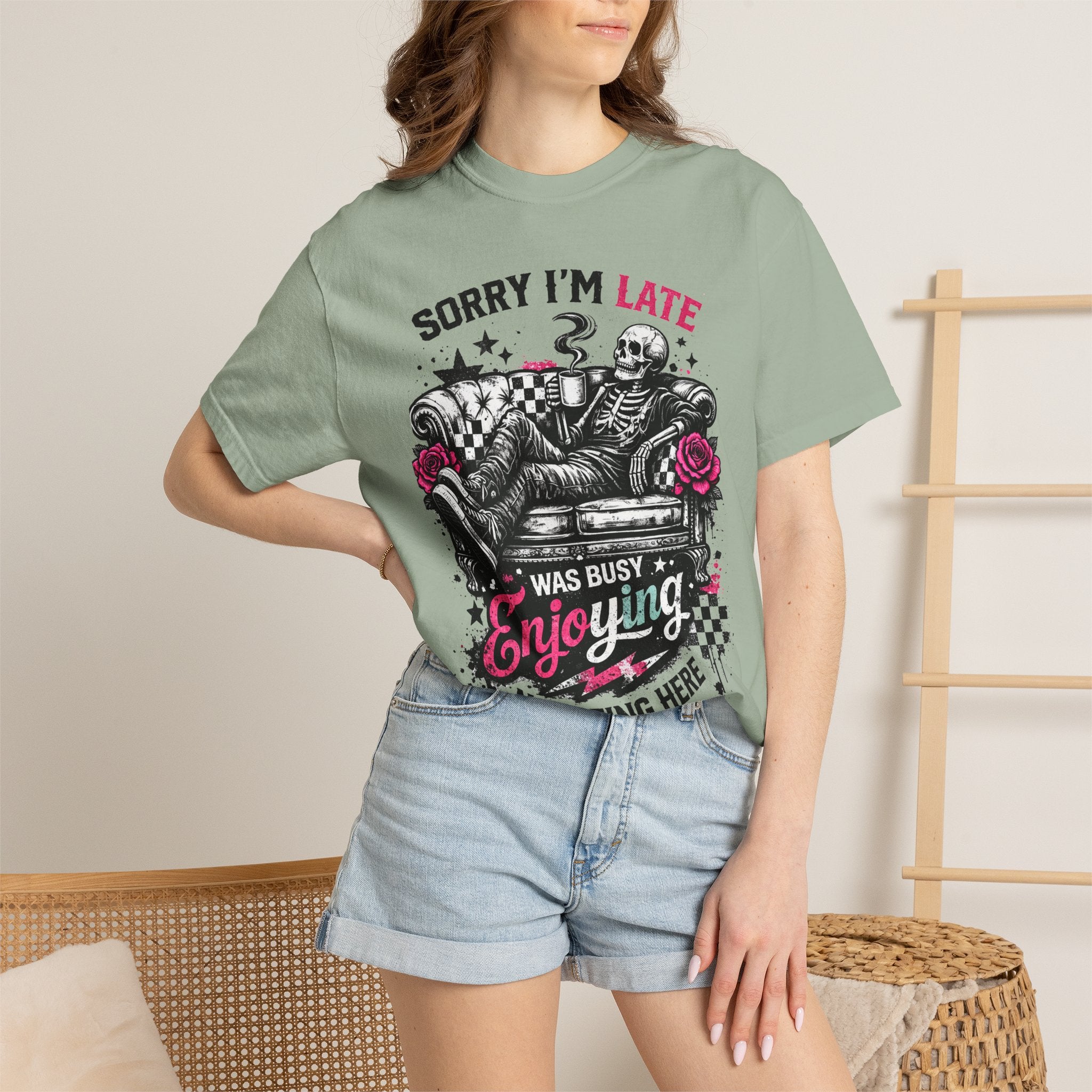 Skeleton "Sorry I’m Late" T-Shirt — Relaxed Skull Graphic Tee