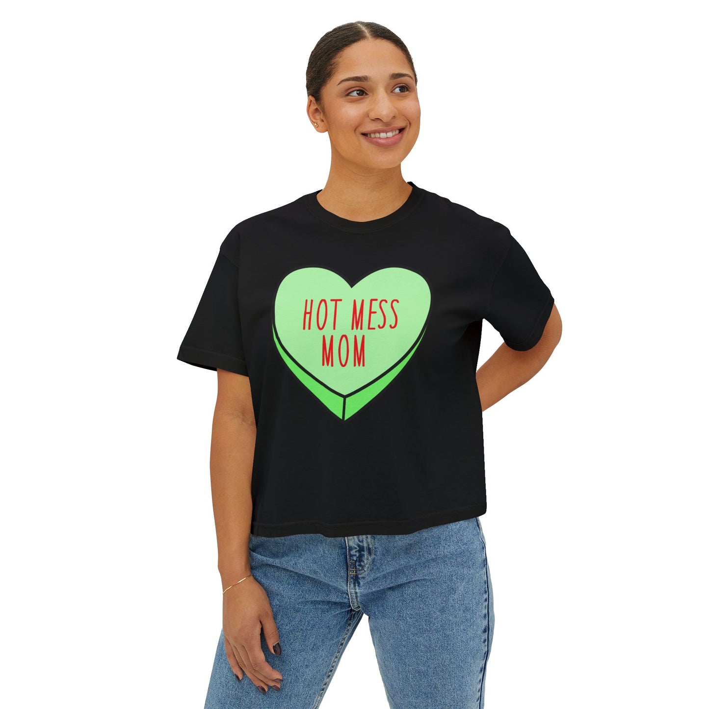 Hot Mess Mom Boxy Tee — Funny Mom T‑Shirt, Retro Candy Heart Design