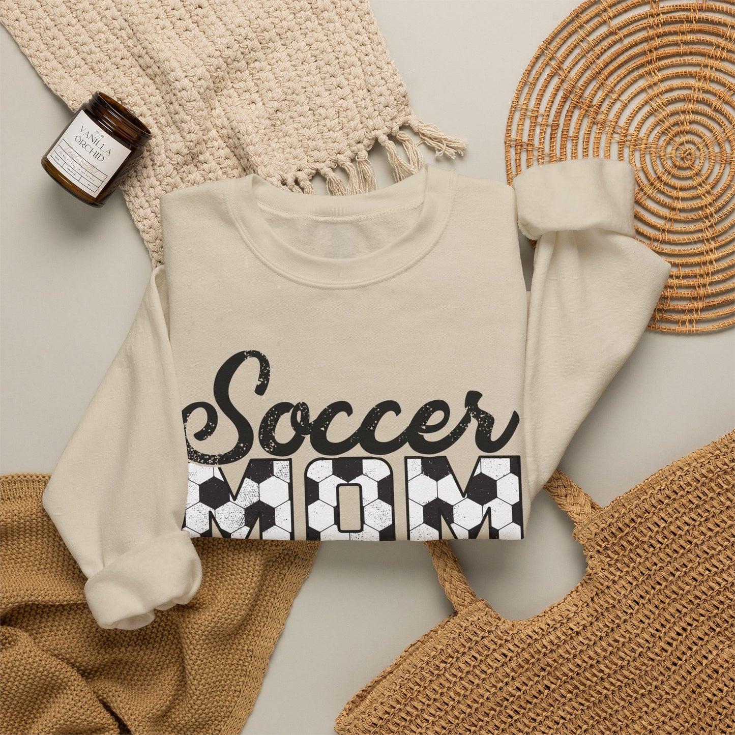 Soccer Mom Crewneck Sweatshirt — Ladies Soccer Mom Pullover with Soccer Ball Text
