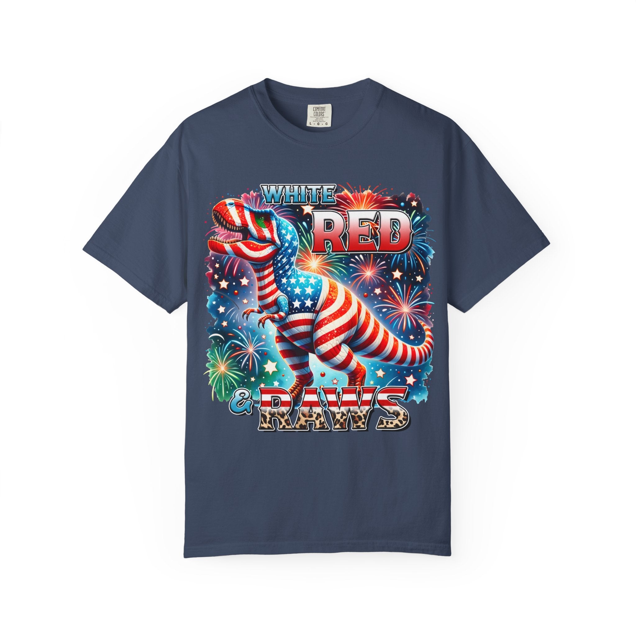 T-Shirt — "White, Red & Raws" Patriotic USA Dinosaur Fireworks Tee