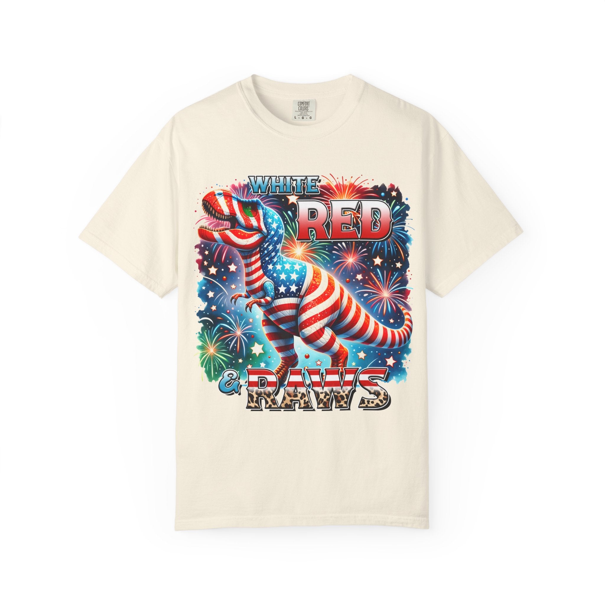 T-Shirt — "White, Red & Raws" Patriotic USA Dinosaur Fireworks Tee