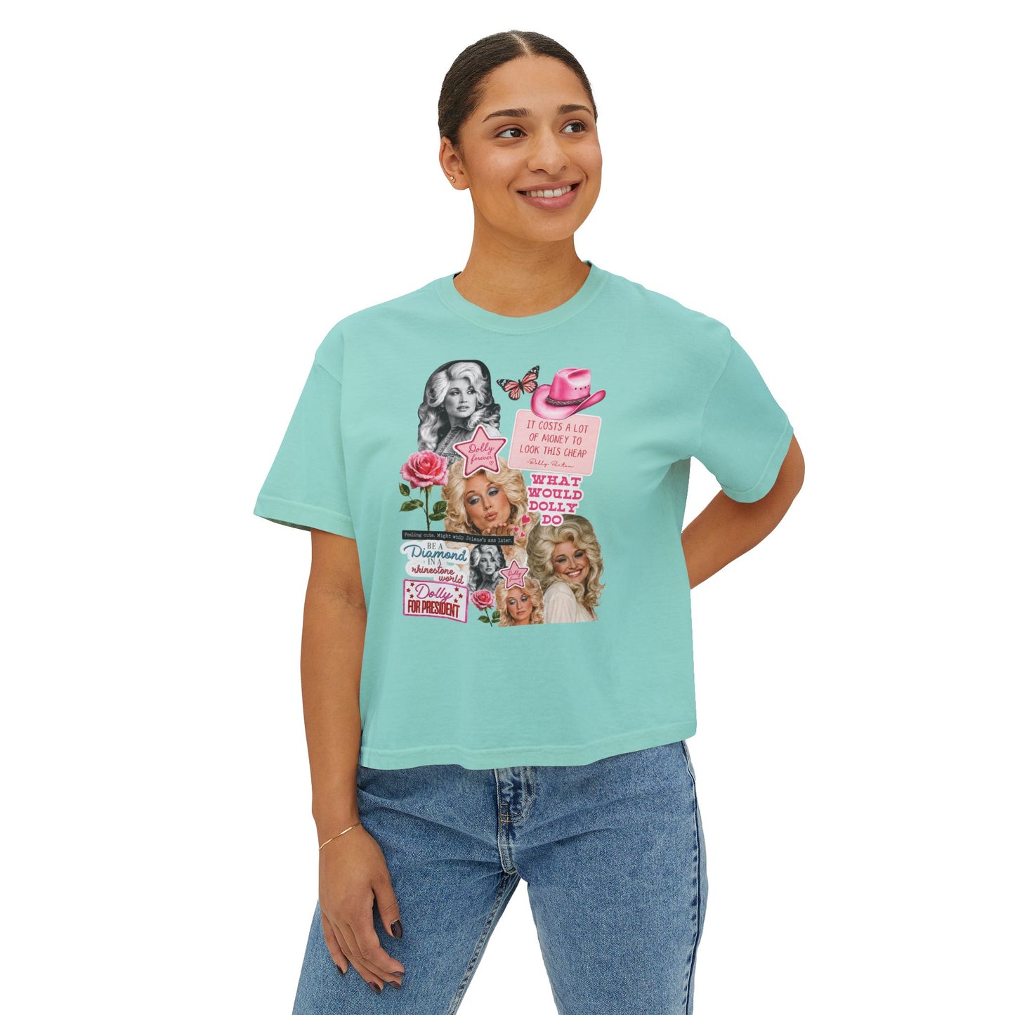 Dolly Collage Boxy Tee — Retro Cowgirl Pop Art Women’s T-Shirt