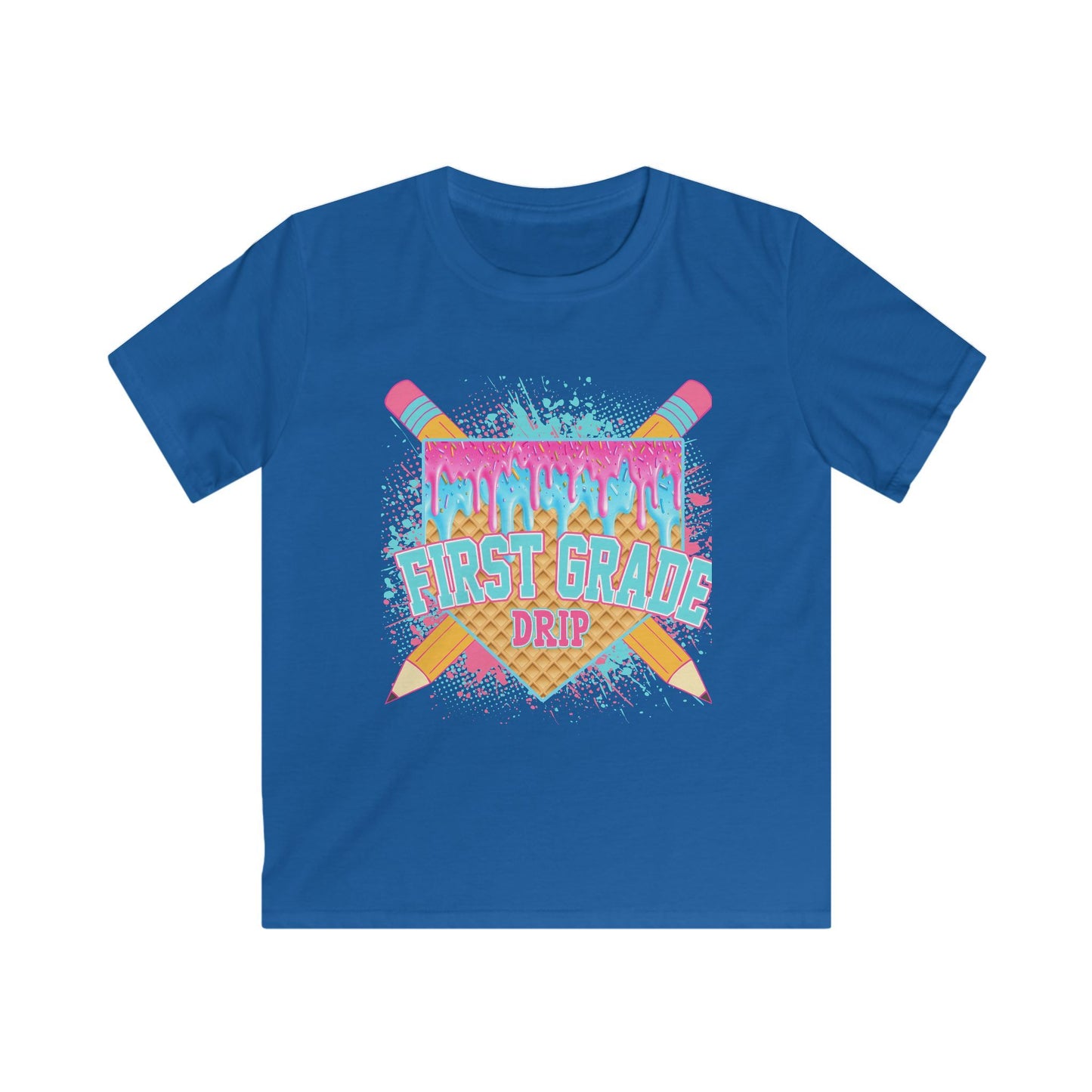 First Grade Drip Kids T-Shirt – Colorful Back-to-School Pencil Design