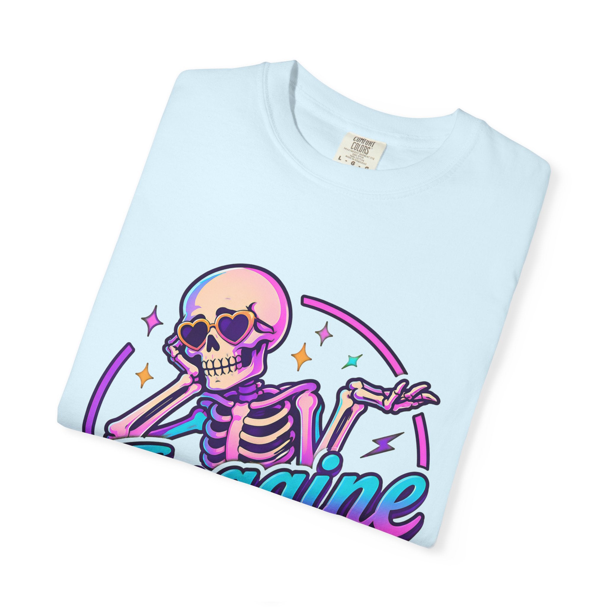 Imagine Caring More T-Shirt — Retro Neon Skeleton Graphic Tee