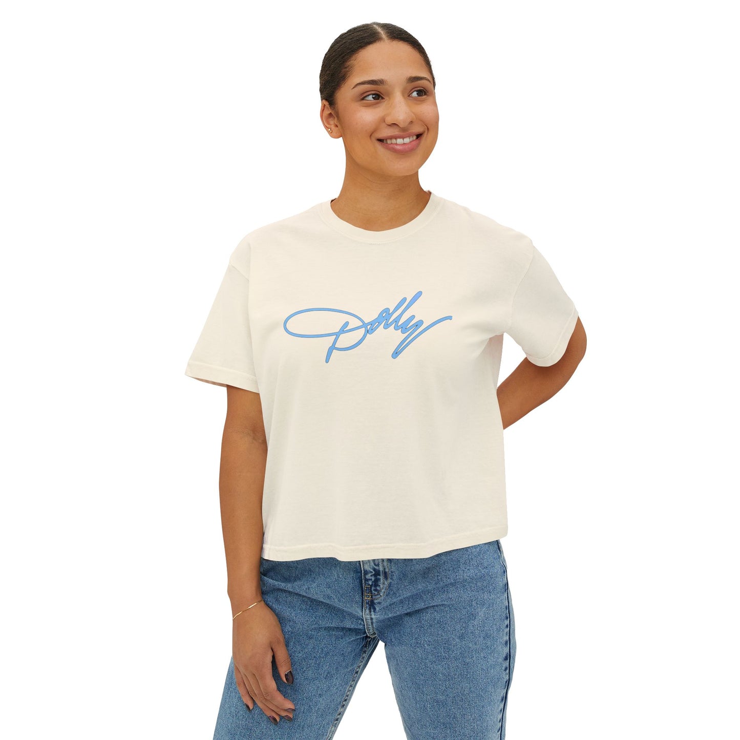 Dolly Script Boxy Tee — Casual Signature Crop T‑Shirt