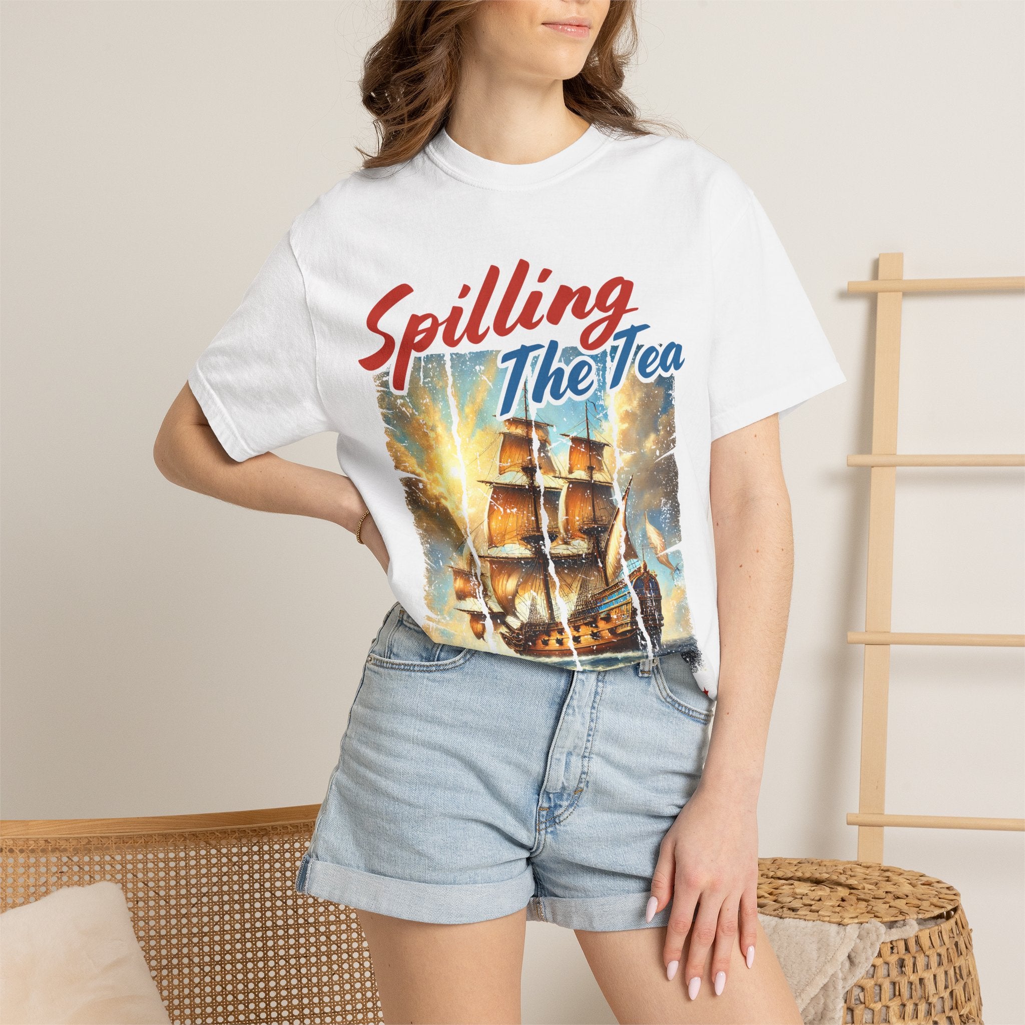 T-Shirt — "Spilling The Tea" Boston Tea Party Ship Vintage Graphic