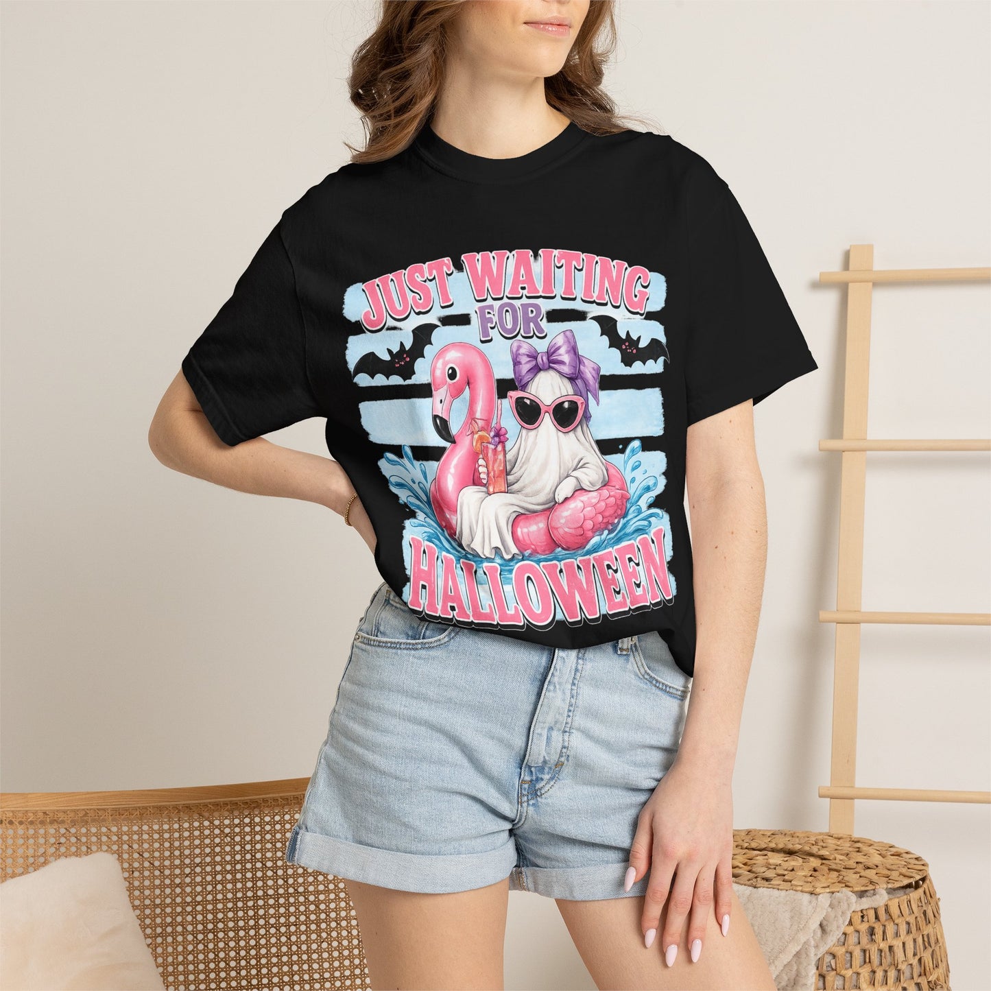 Halloween Flamingo T-Shirt — "Just Waiting for Halloween" Cute Spooky Summer Vibe
