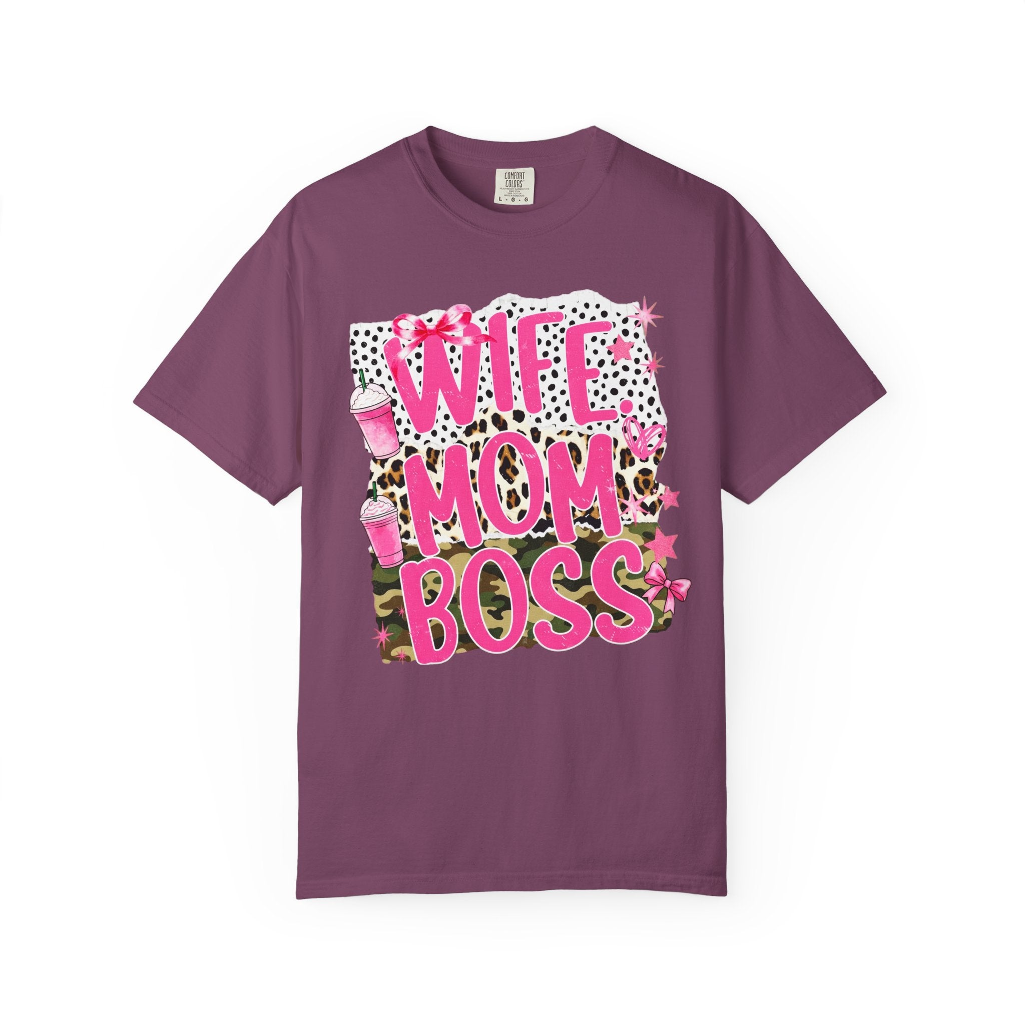 Wife Mom Boss Graphic T‑Shirt — Pink Leopard Stars Design