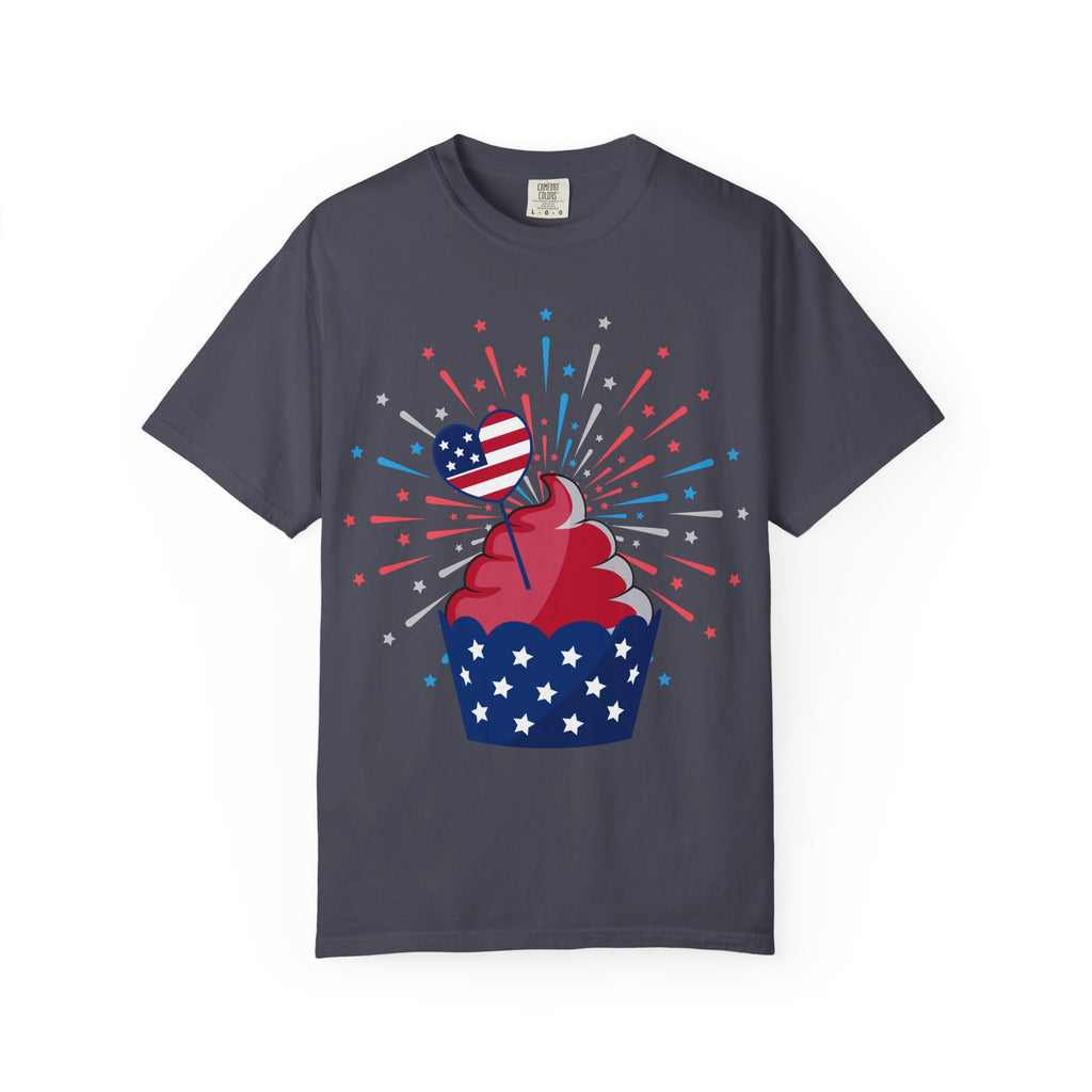 4th of July Patriotic Cupcake T-Shirt — USA Flag Firework Bakery Graphic Tee